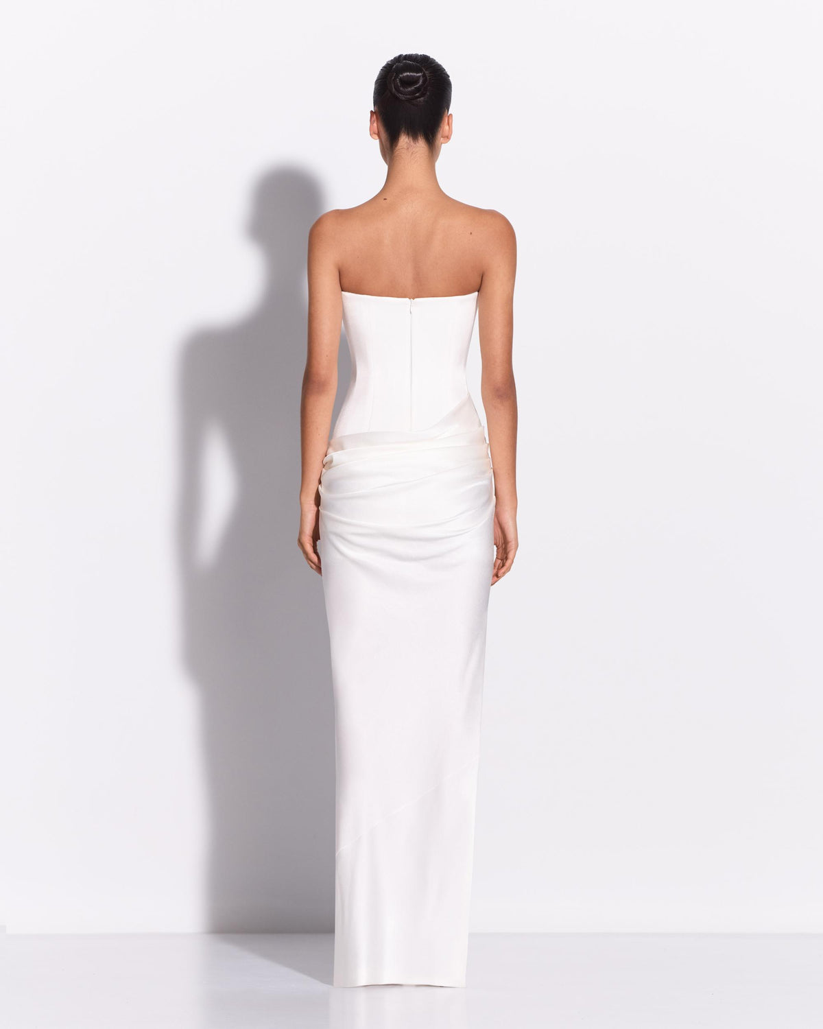 Strapless Longline Draped Column in Satin Crepe