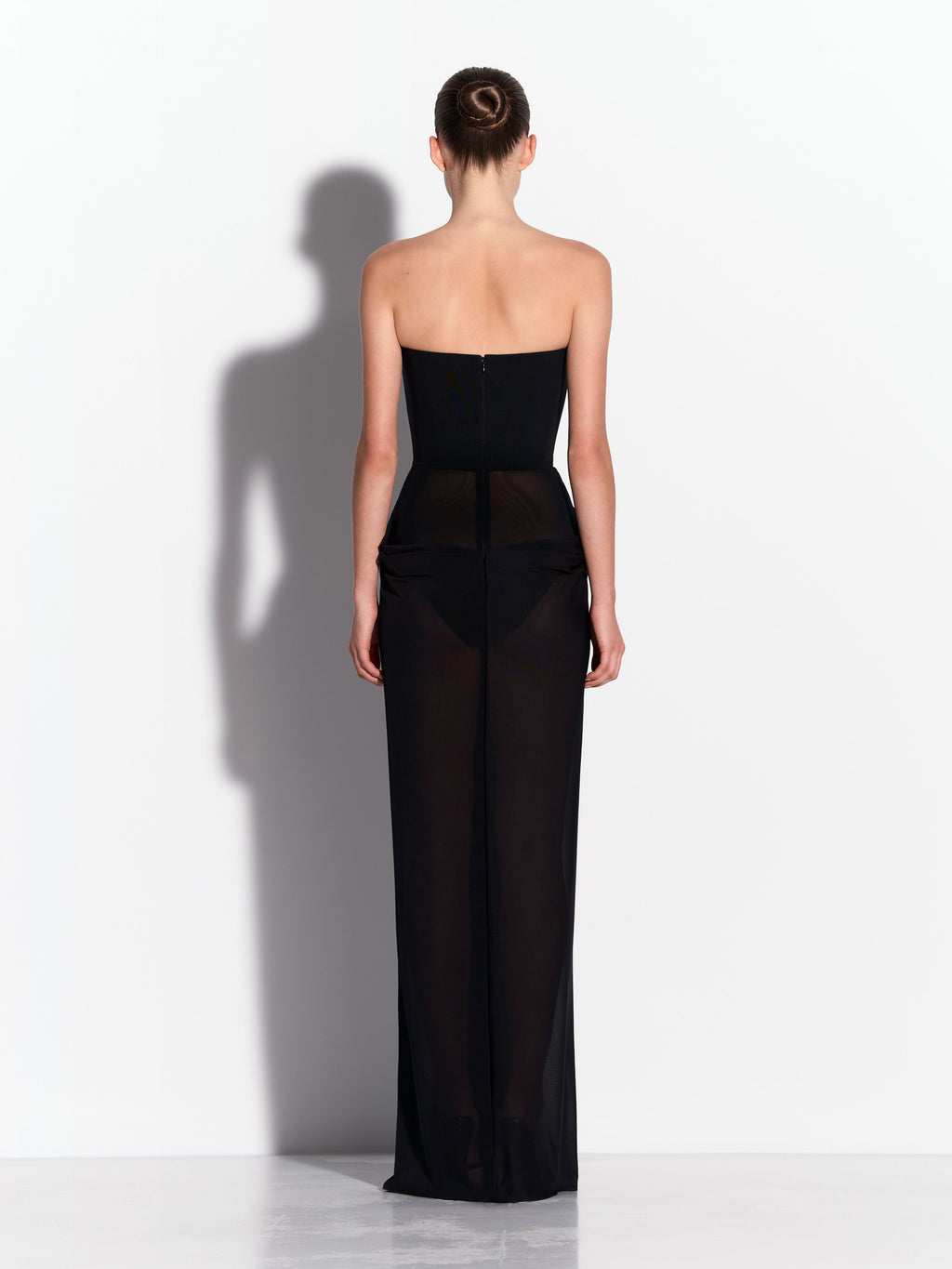 Strapless Ruched Drape Column in Stretch Mesh