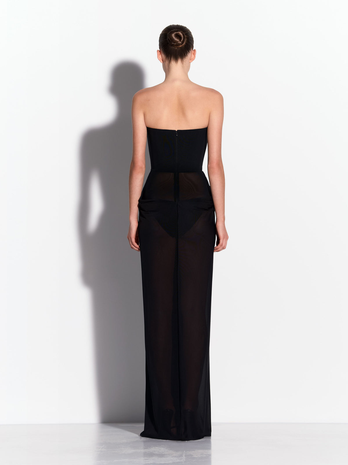 Strapless Ruched Drape Column in Stretch Mesh