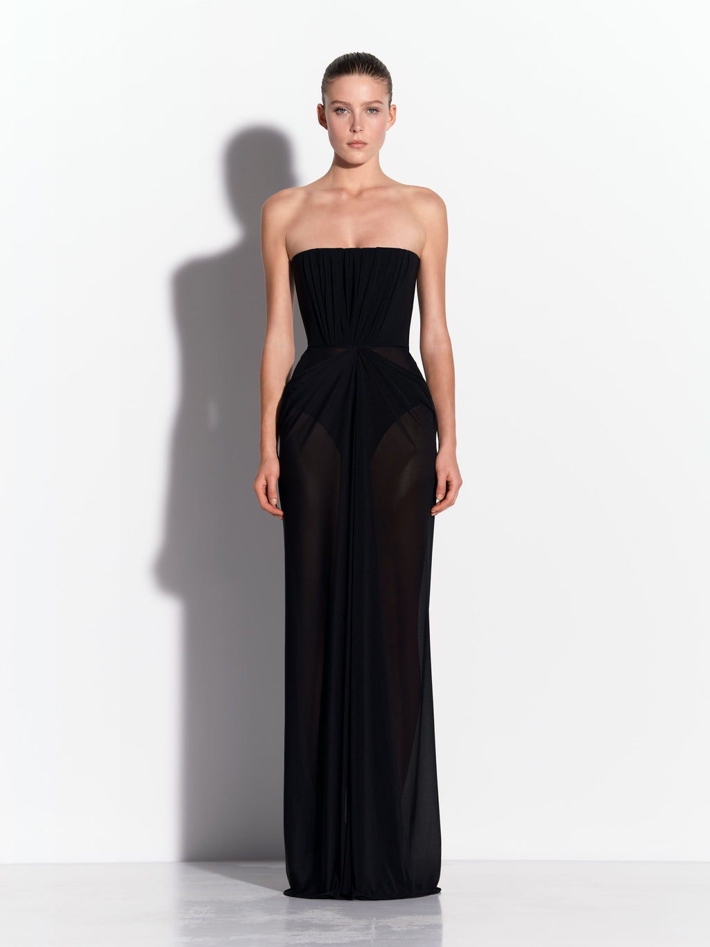 Strapless Ruched Drape Column in Stretch Mesh