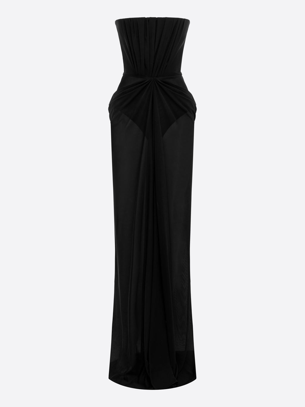 Strapless Ruched Drape Column in Stretch Mesh