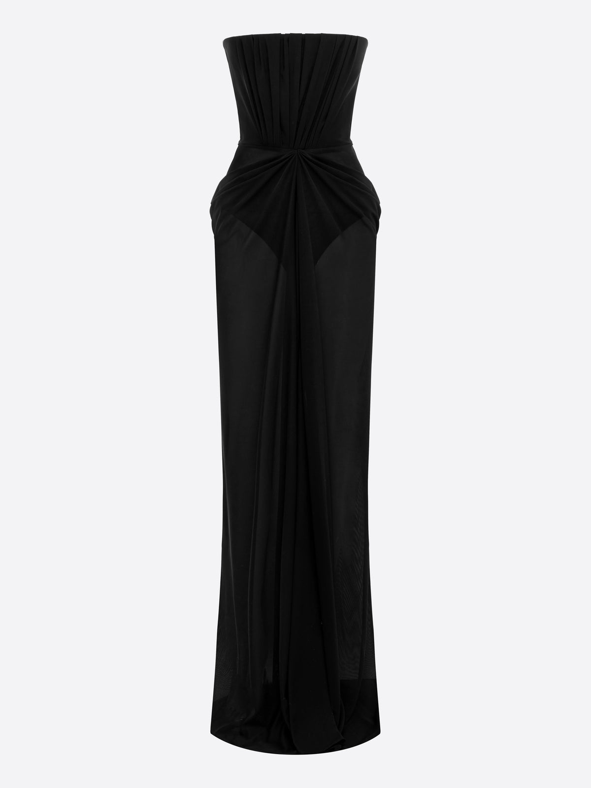 Strapless Ruched Drape Column in Stretch Mesh
