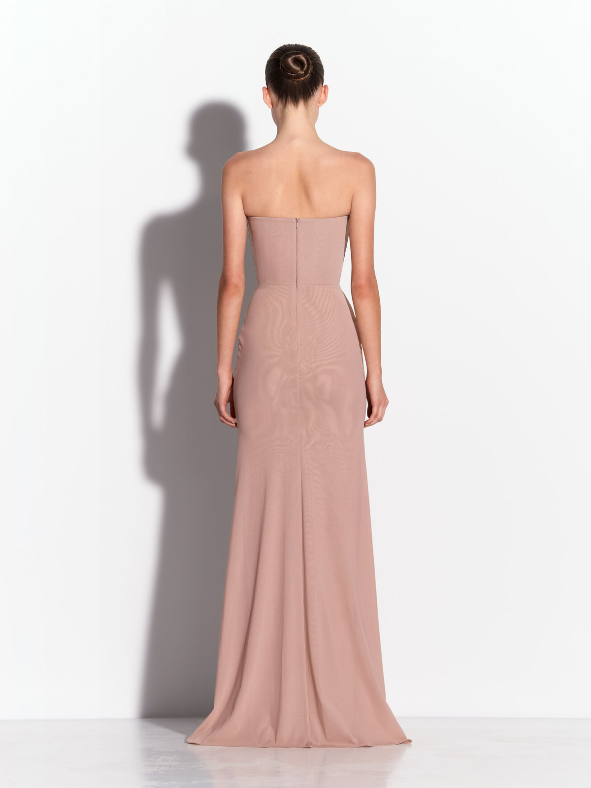 Strapless Ruched Gown in Stretch Mesh