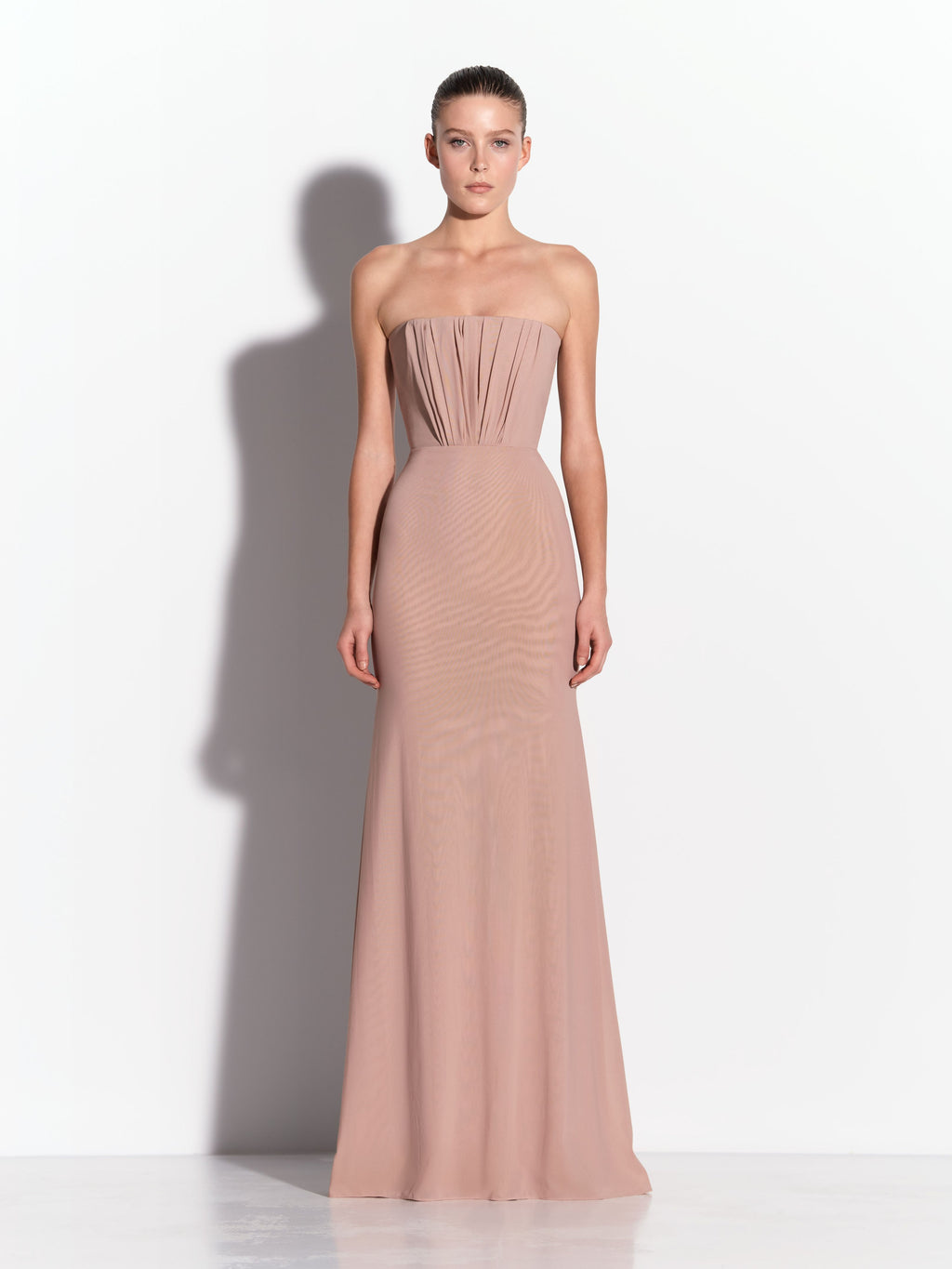 Strapless Ruched Gown in Stretch Mesh