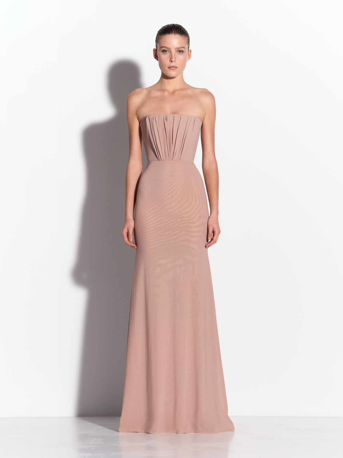 Strapless Ruched Gown in Stretch Mesh