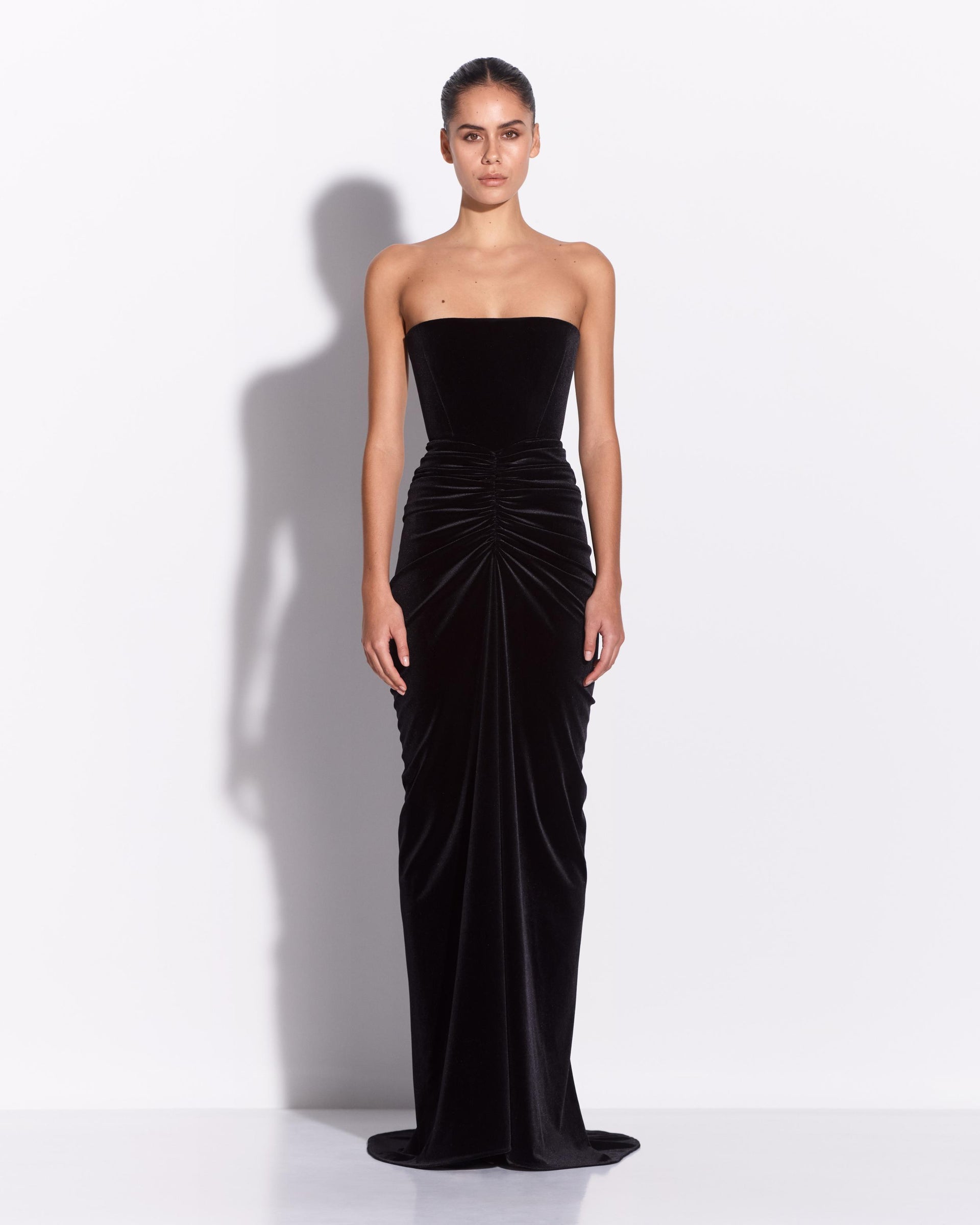 Strapless Ruched Gown in Velvet