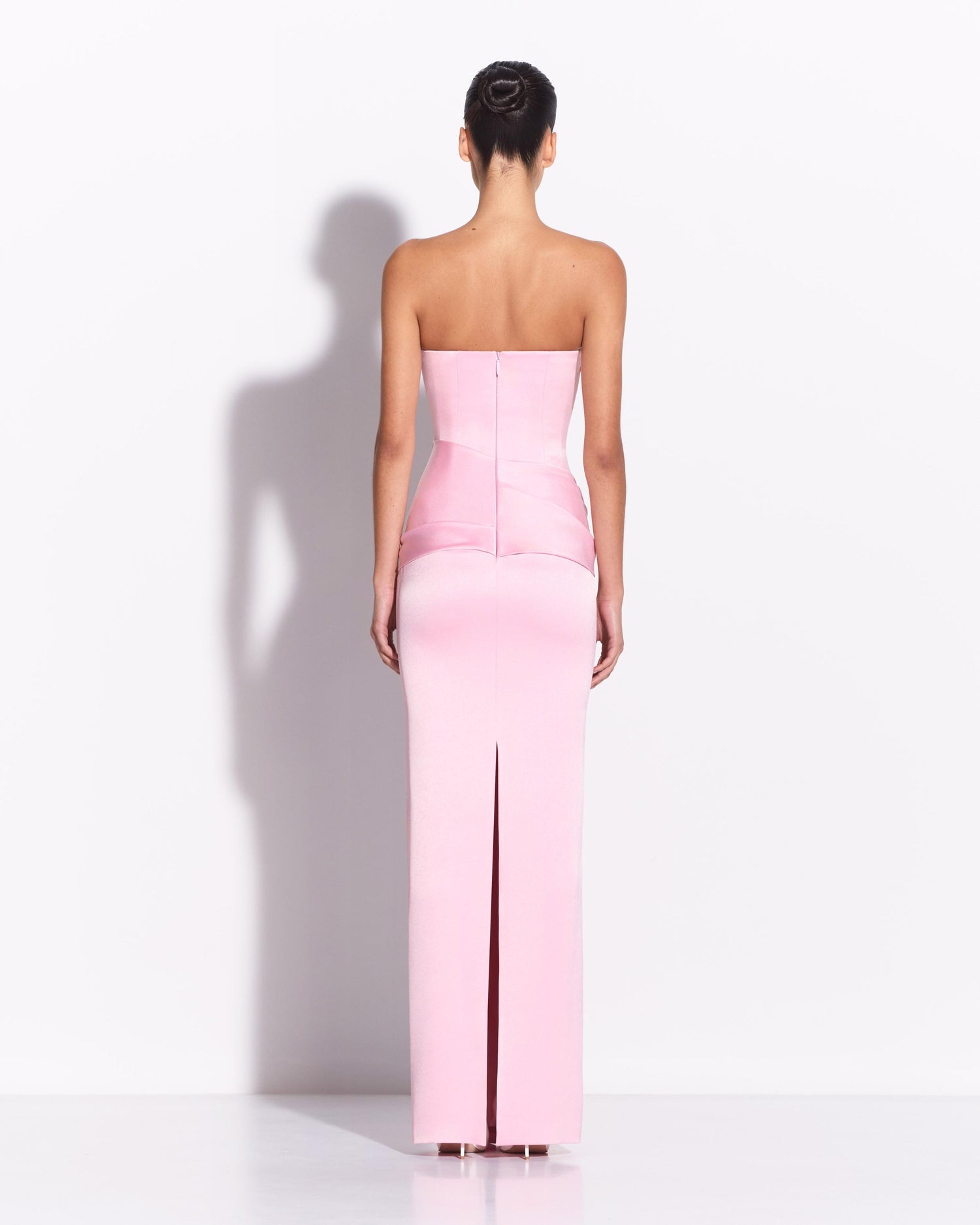 Strapless Sash Drape Column in Satin Crepe