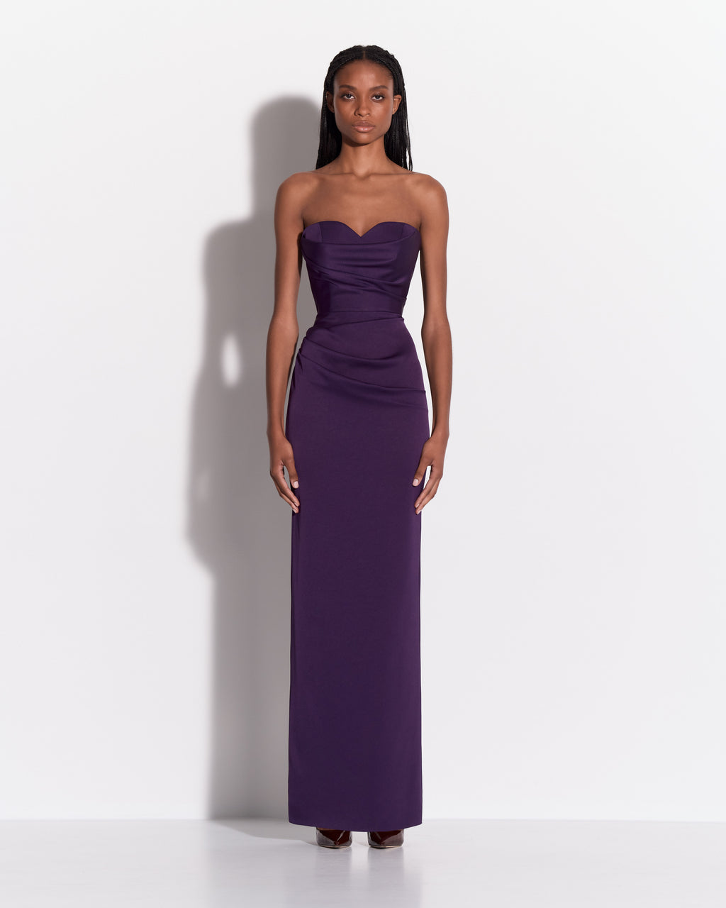Strapless Sweetheart Drape Column in Satin Crepe