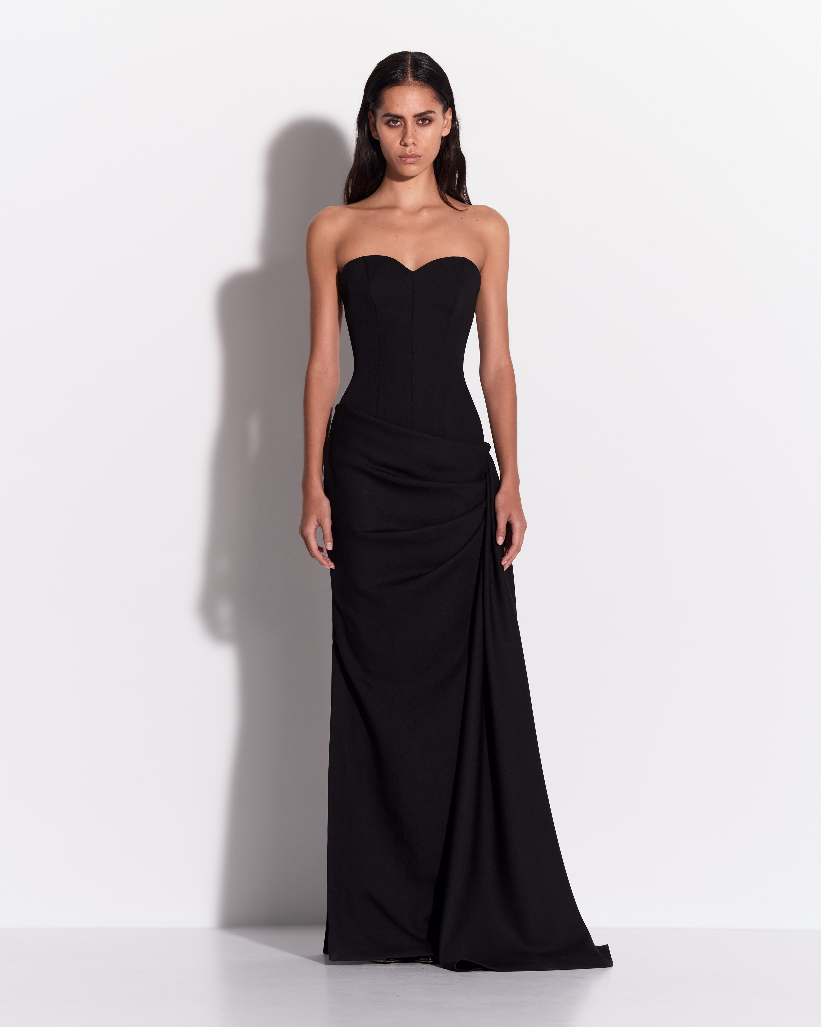 Strapless Sweetheart Drape Gown in Wool Suiting
