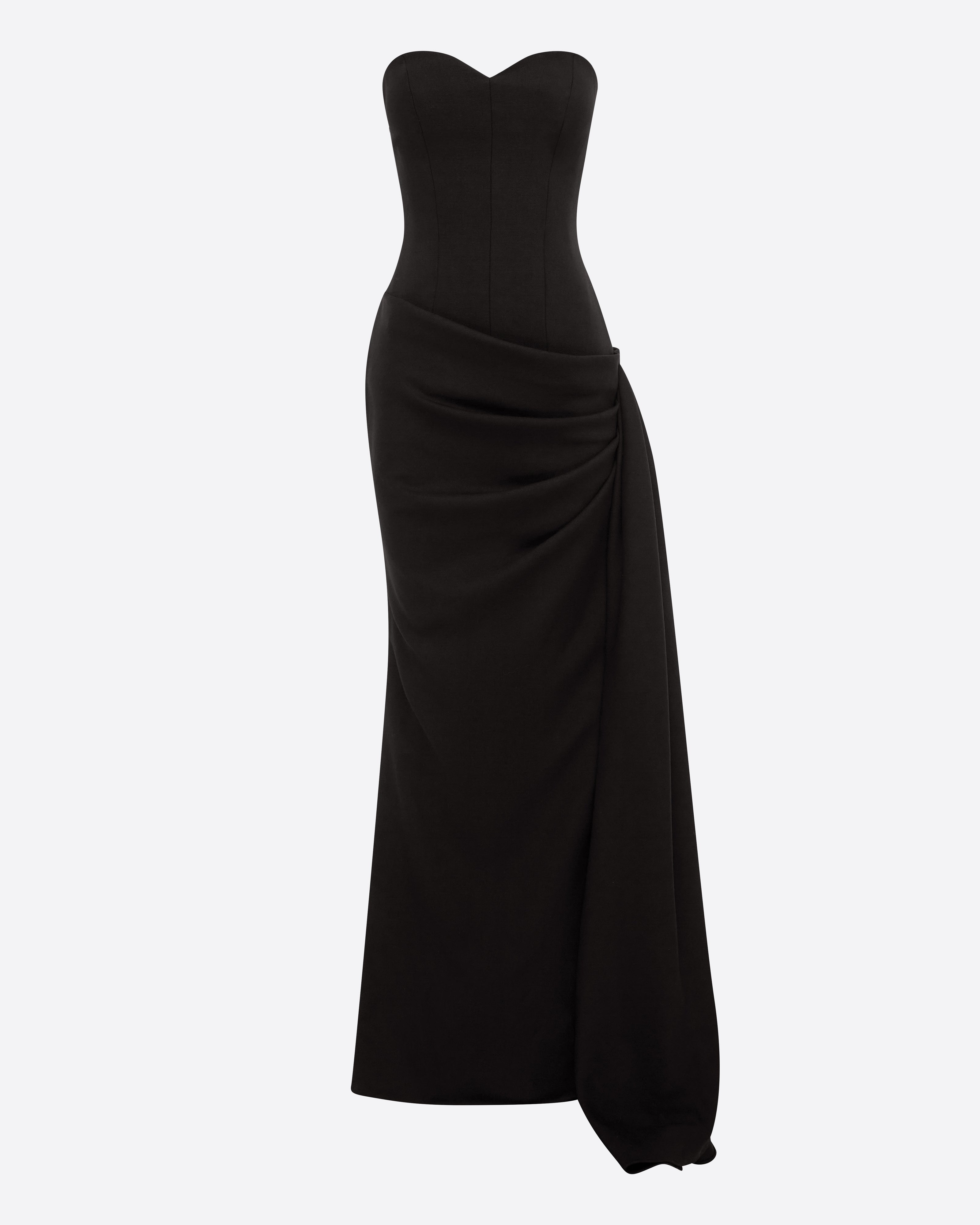 Strapless Sweetheart Drape Gown in Wool Suiting