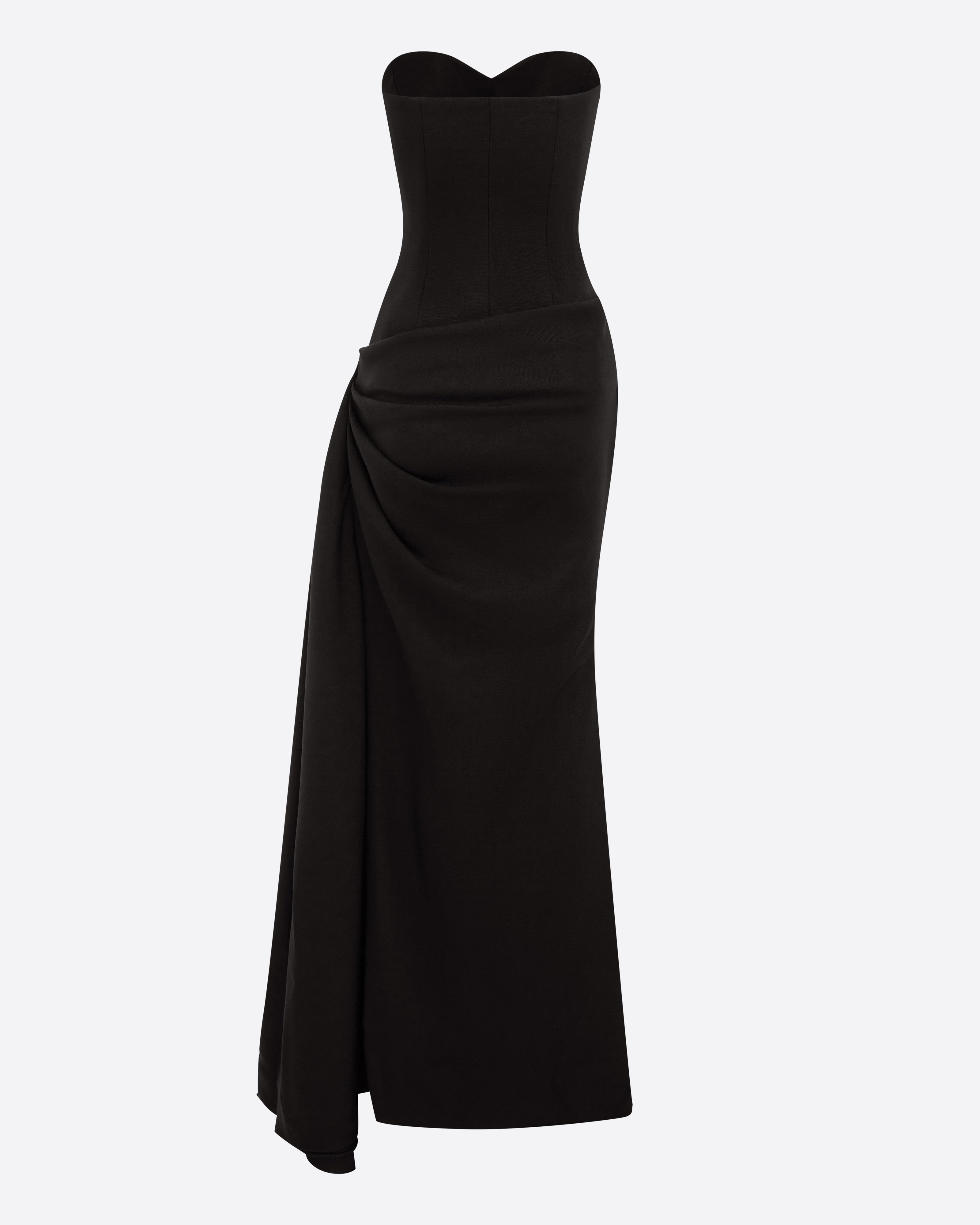 Strapless Sweetheart Drape Gown in Wool Suiting