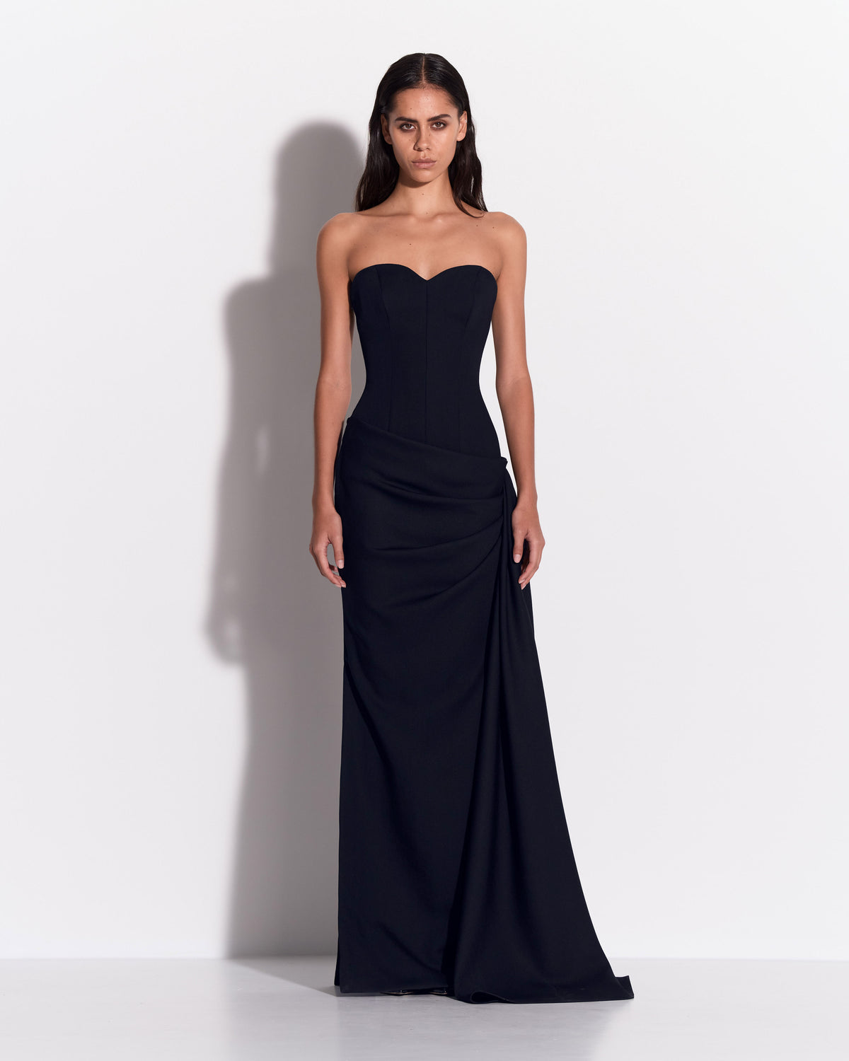 Strapless Sweetheart Drape Gown in Wool Suiting
