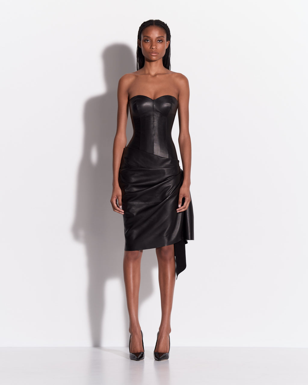 Strapless Sweetheart Drape Mini Dress in Leather
