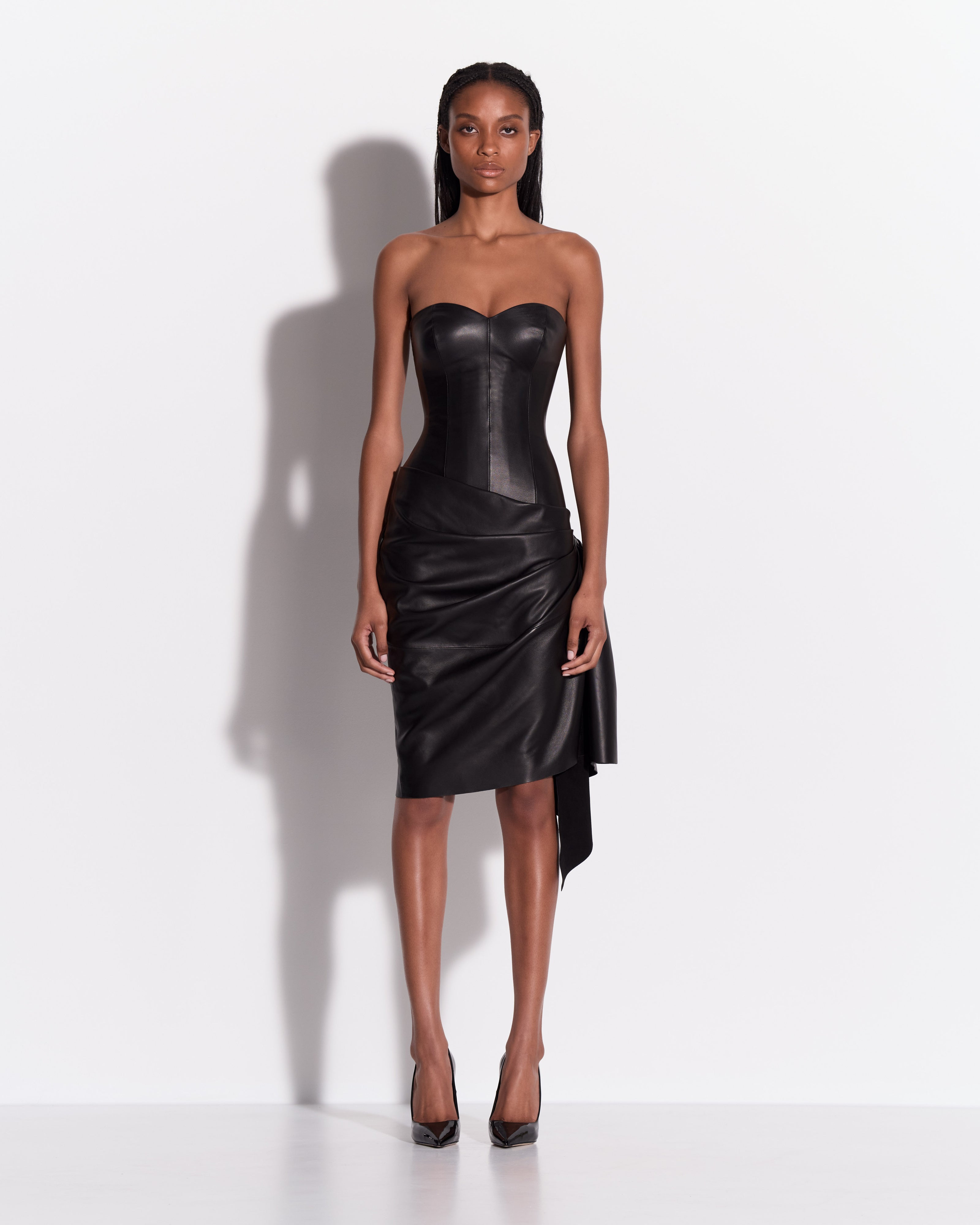 Strapless Sweetheart Drape Mini Dress in Leather