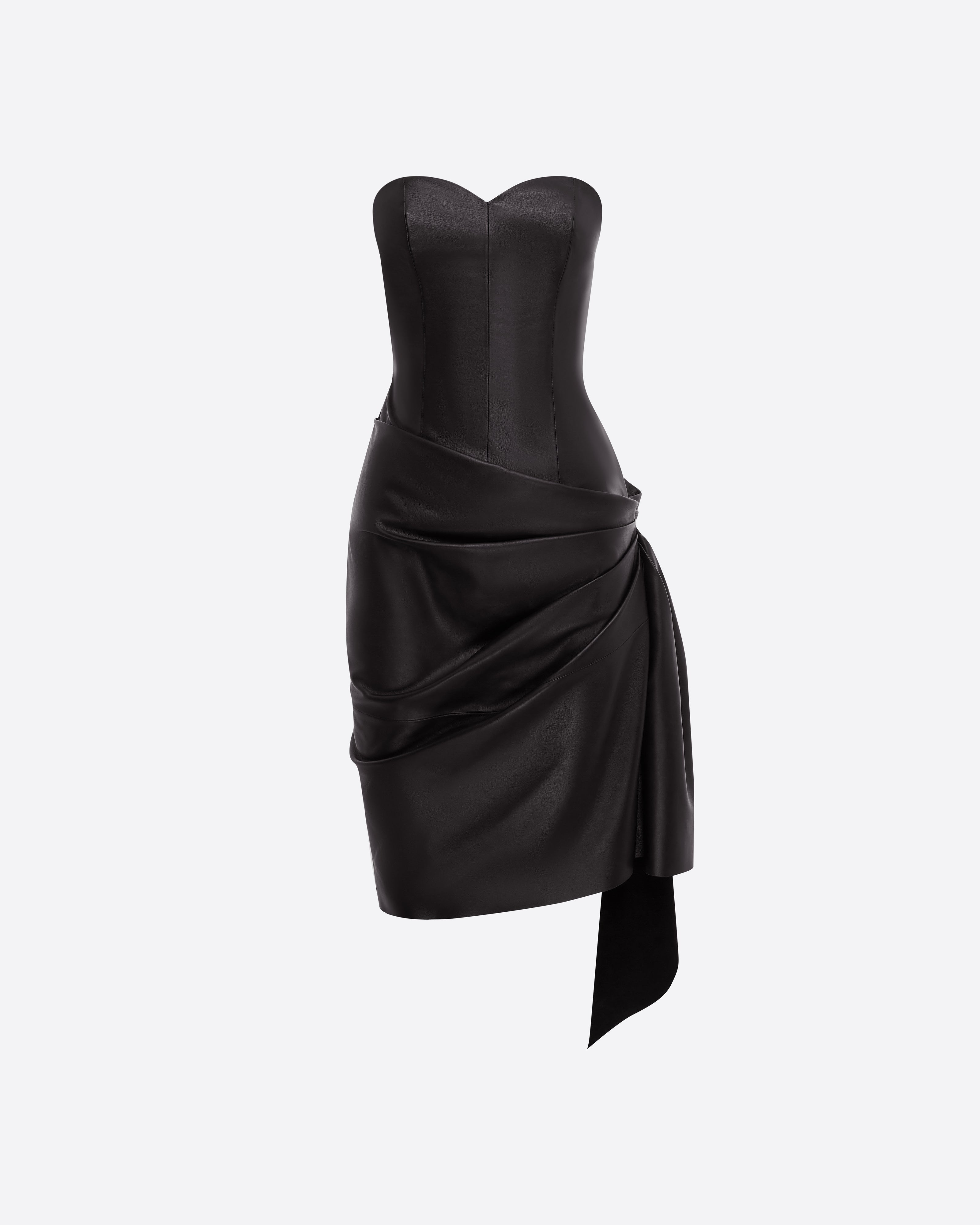 Strapless Sweetheart Drape Mini Dress in Leather