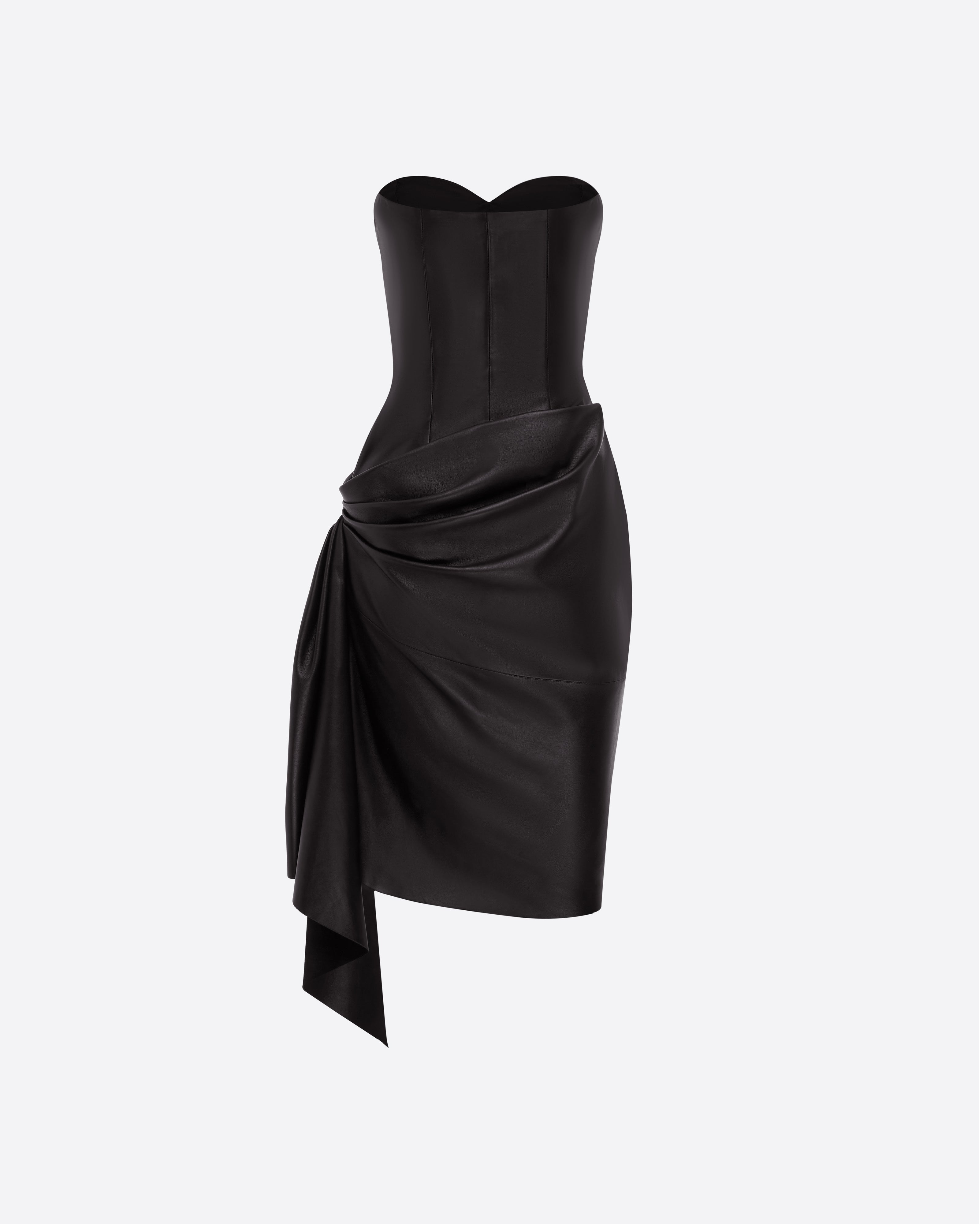 Strapless Sweetheart Drape Mini Dress in Leather