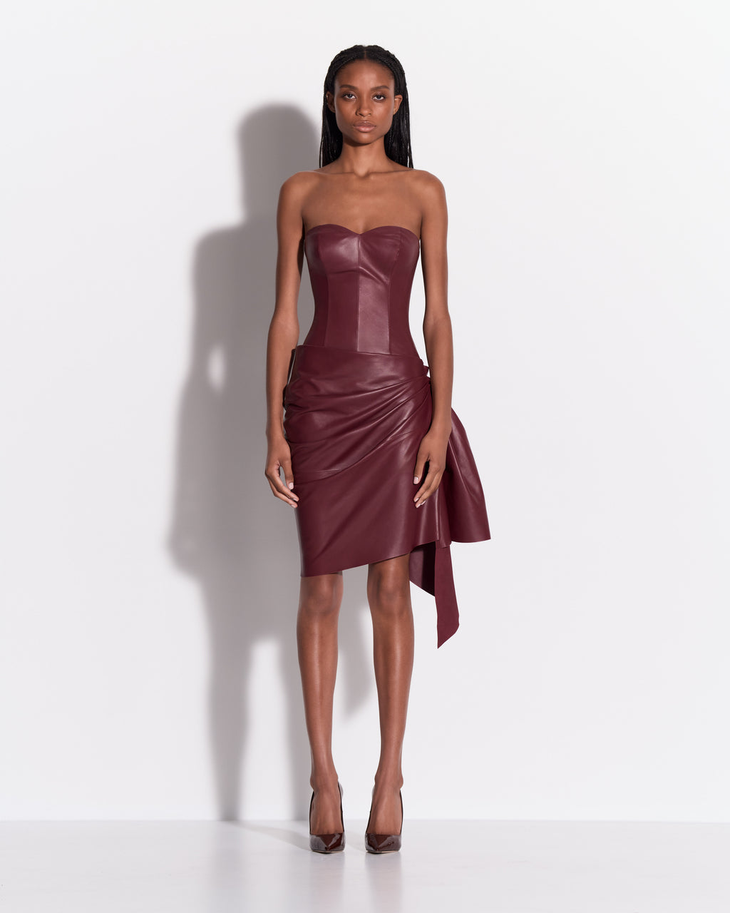 Strapless Sweetheart Drape Mini Dress in Leather