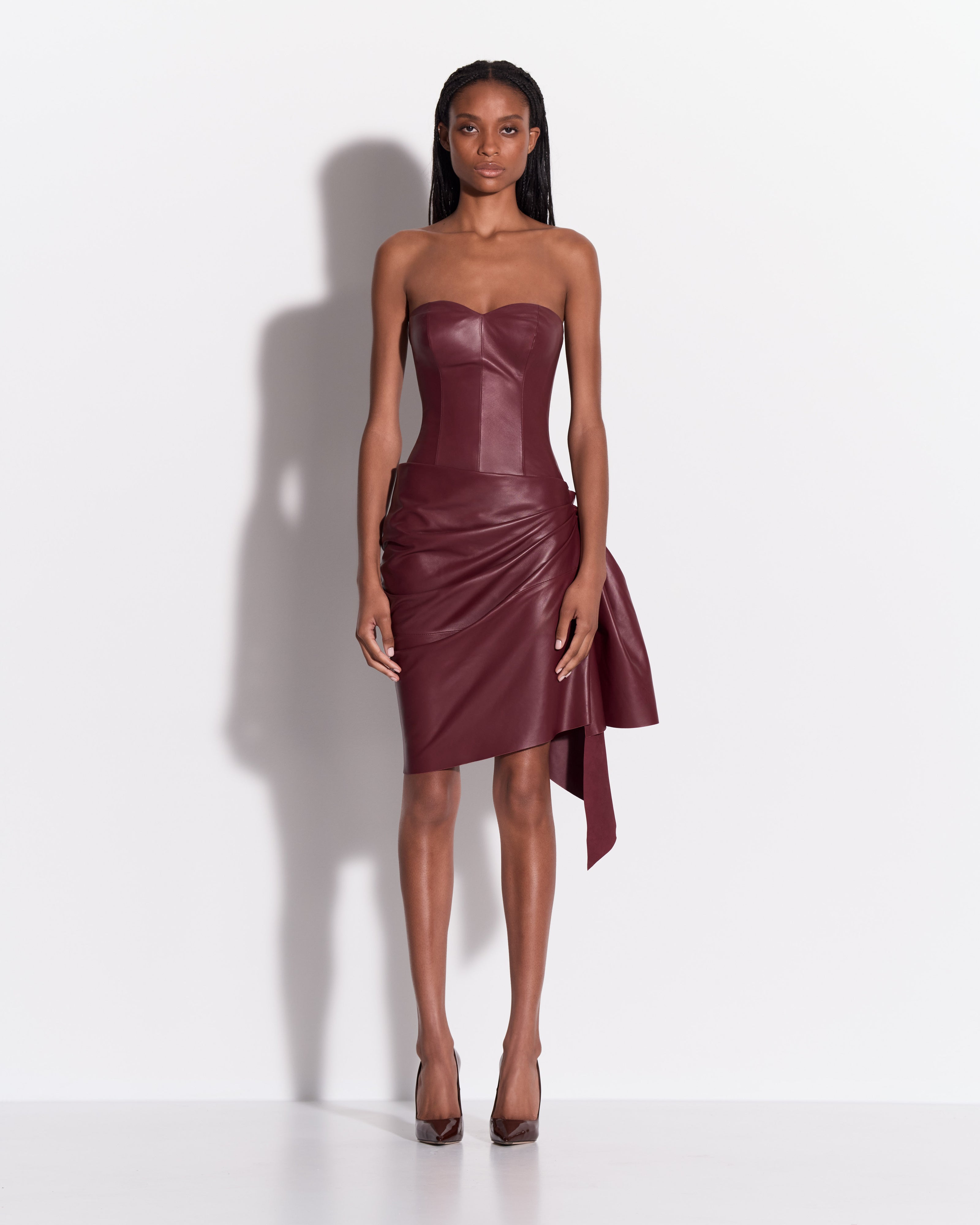 Strapless Sweetheart Drape Mini Dress in Leather