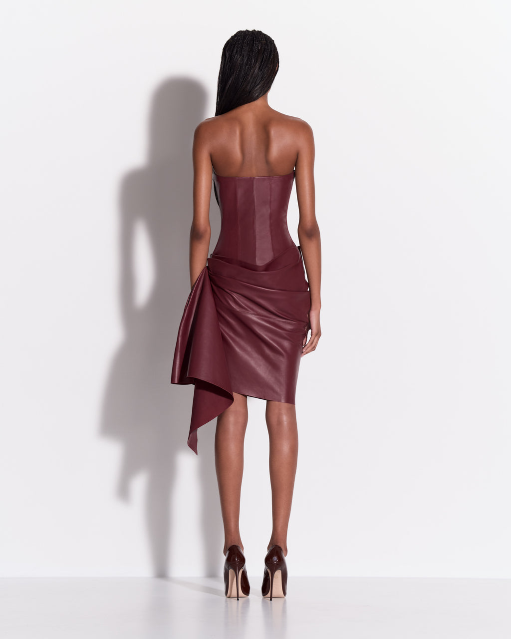 Strapless Sweetheart Drape Mini Dress in Leather
