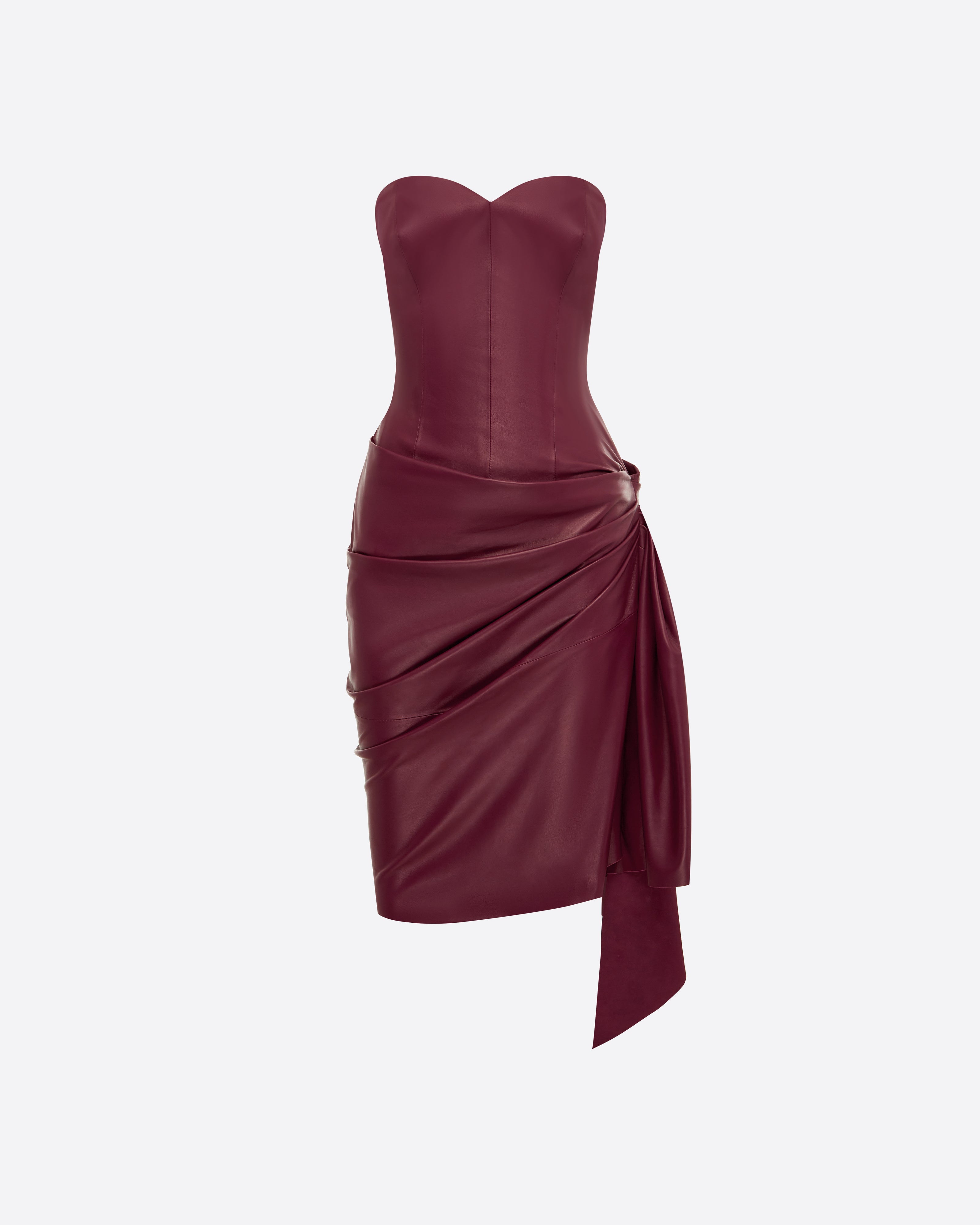 Strapless Sweetheart Drape Mini Dress in Leather