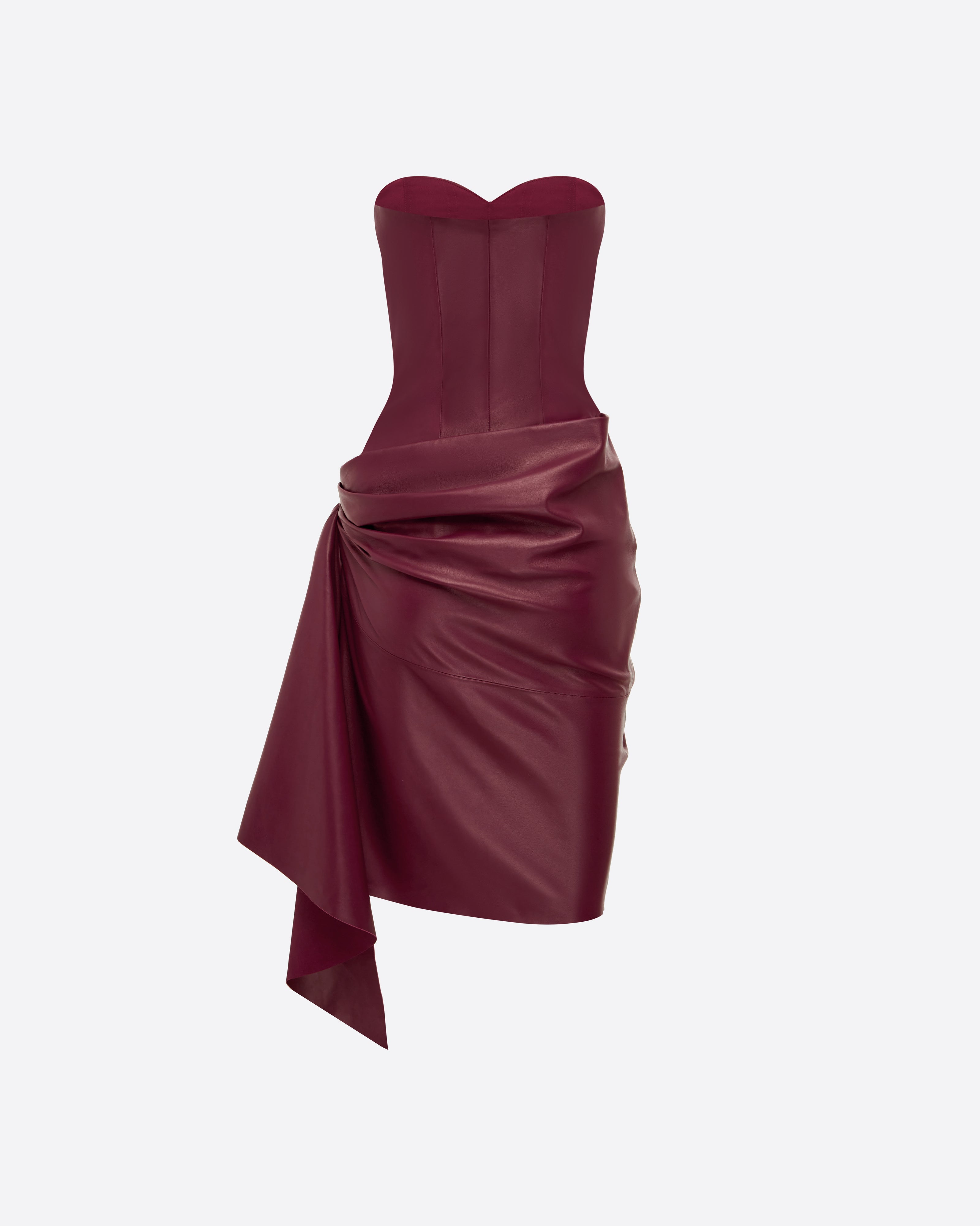 Strapless Sweetheart Drape Mini Dress in Leather