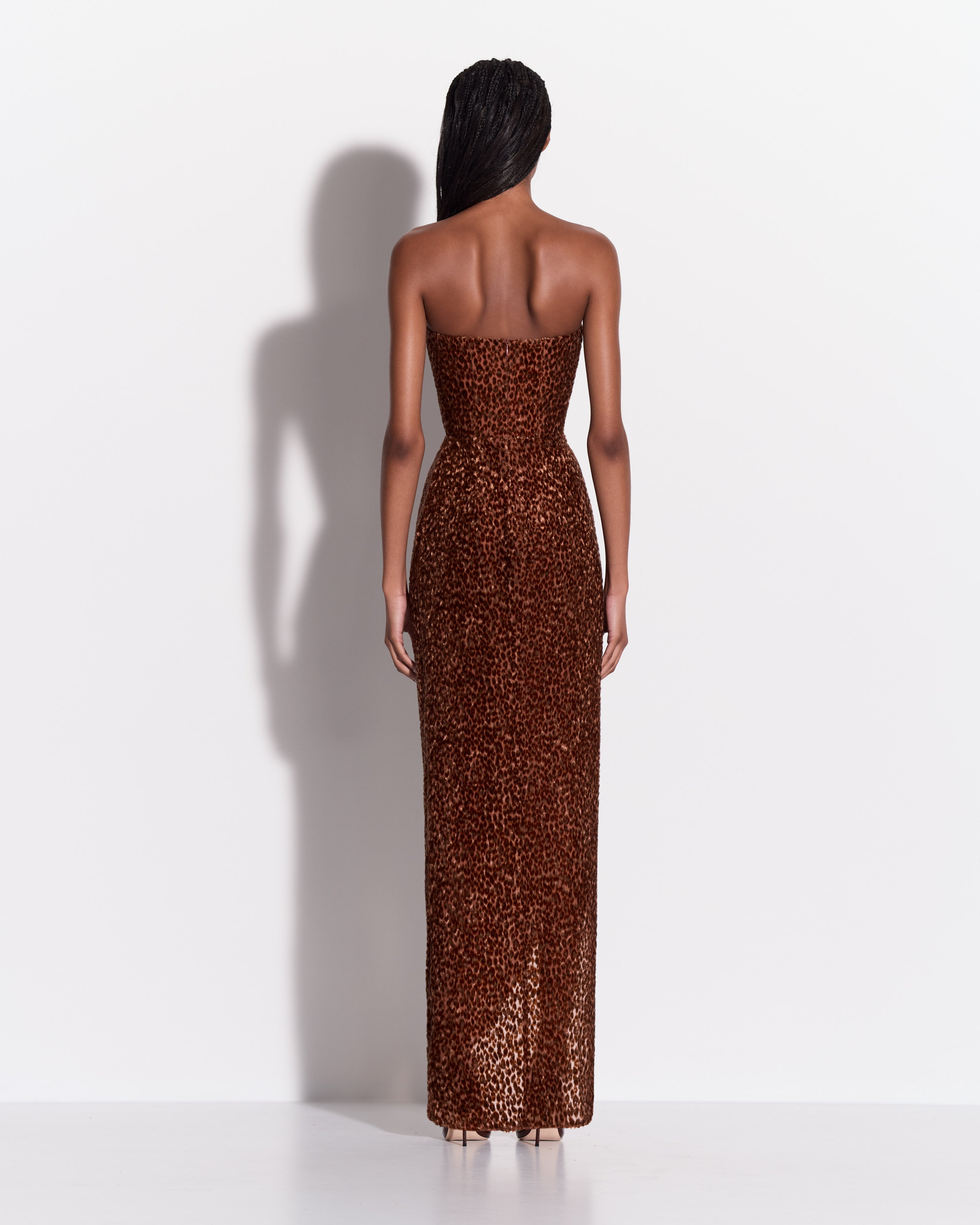 Strapless Sweetheart Draped Split Gown in Devoré