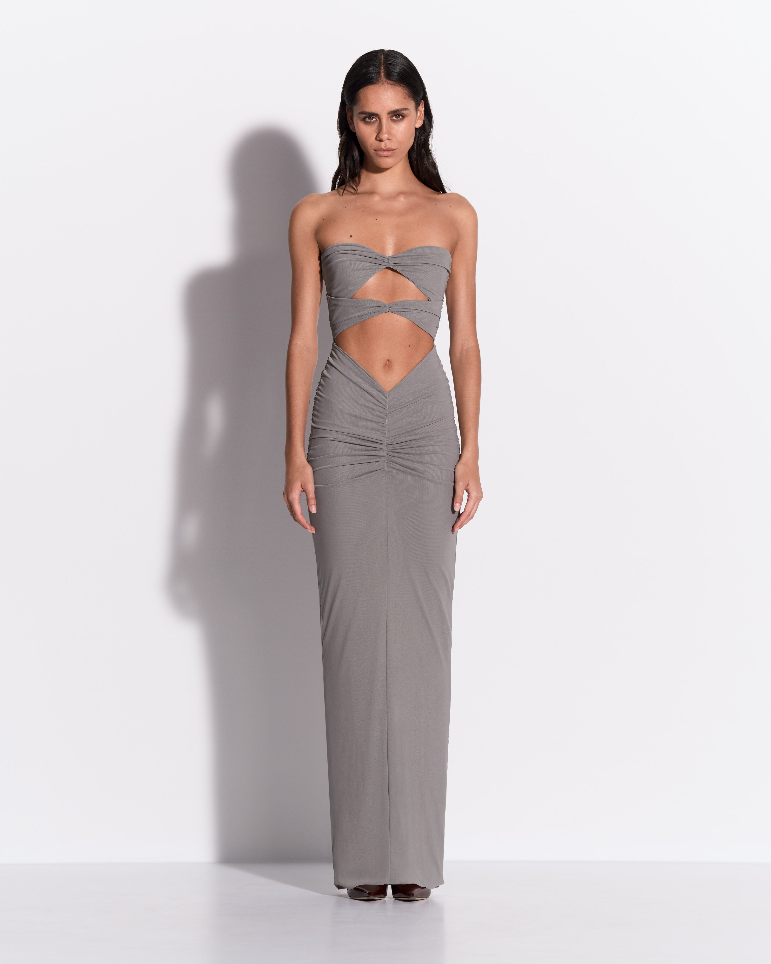 Strapless Sweetheart Ruched Column in Stretch Mesh