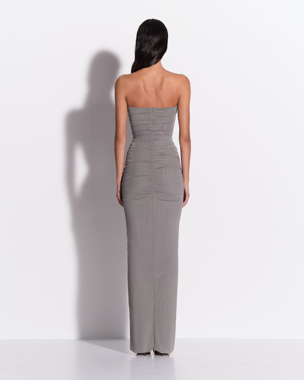 Strapless Sweetheart Ruched Column in Stretch Mesh