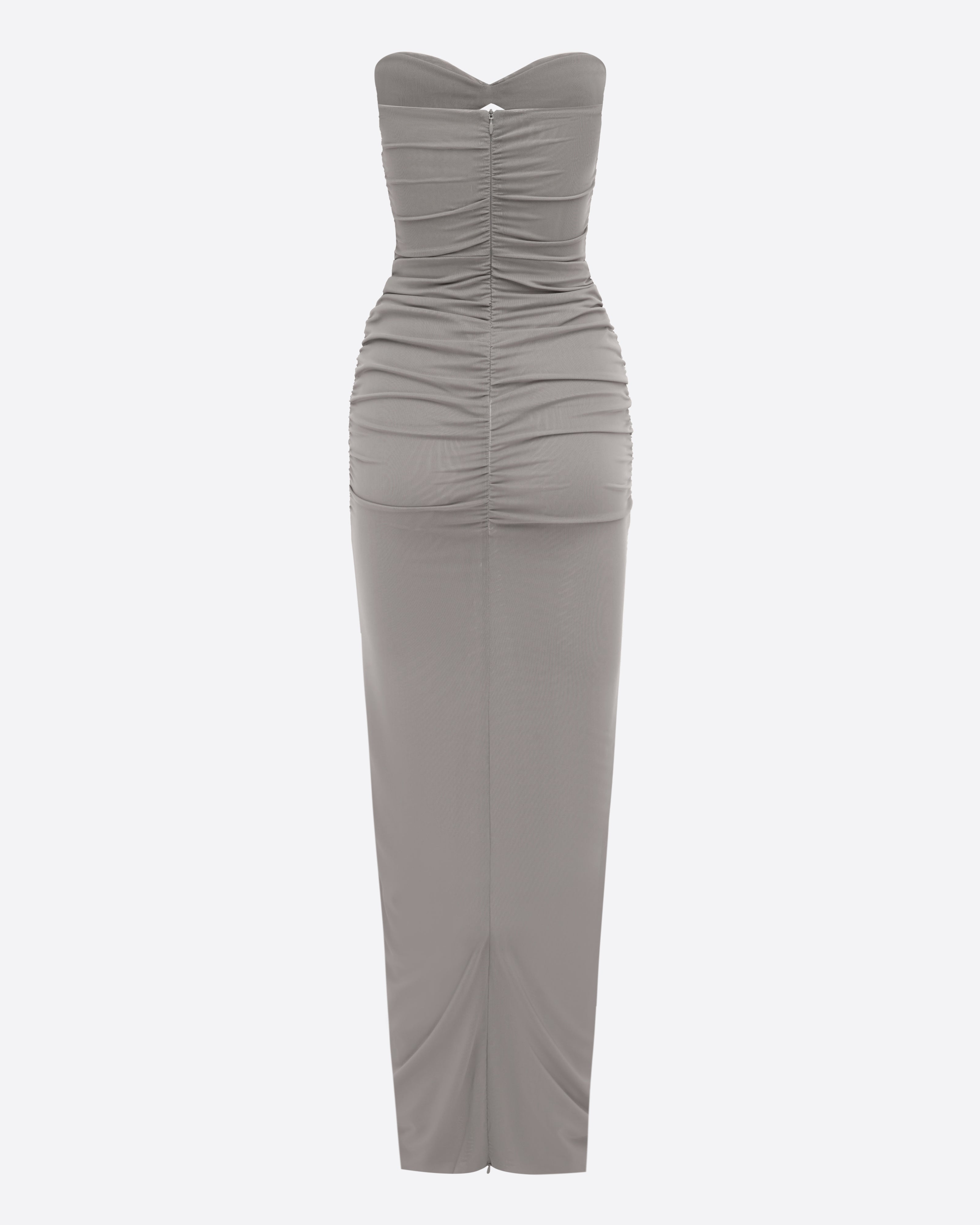 Strapless Sweetheart Ruched Column in Stretch Mesh