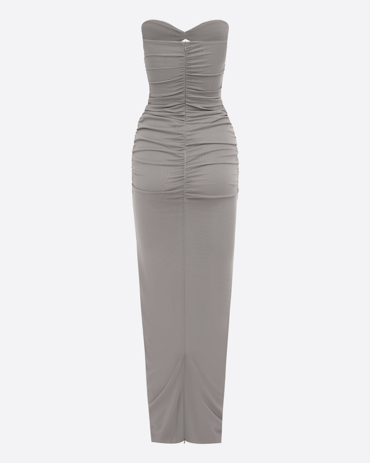 Strapless Sweetheart Ruched Column in Stretch Mesh