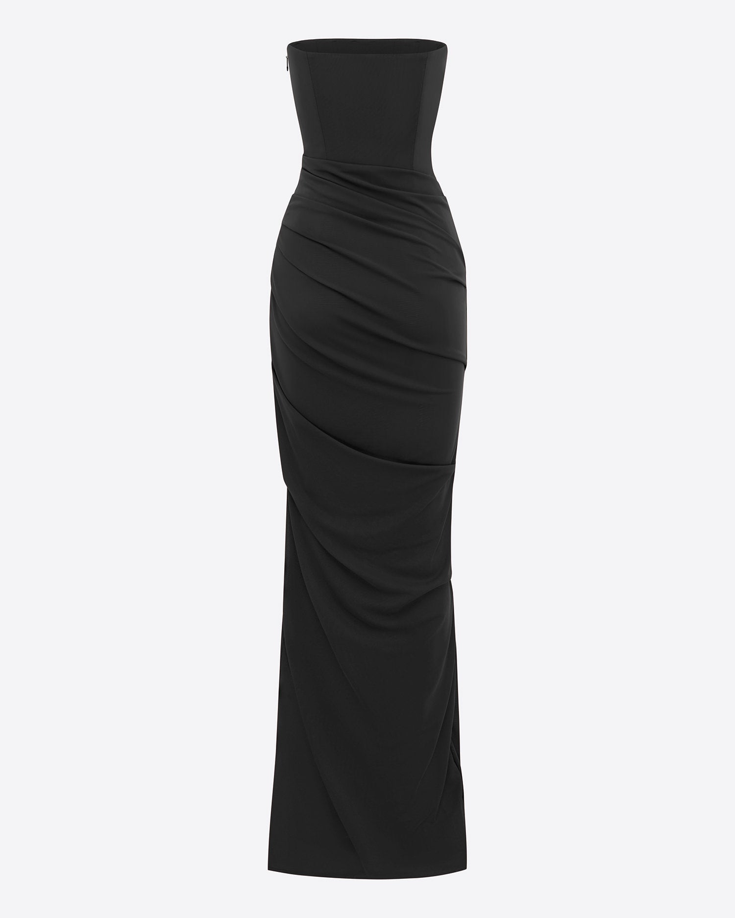 Strapless Tucked Column in Stretch Mesh