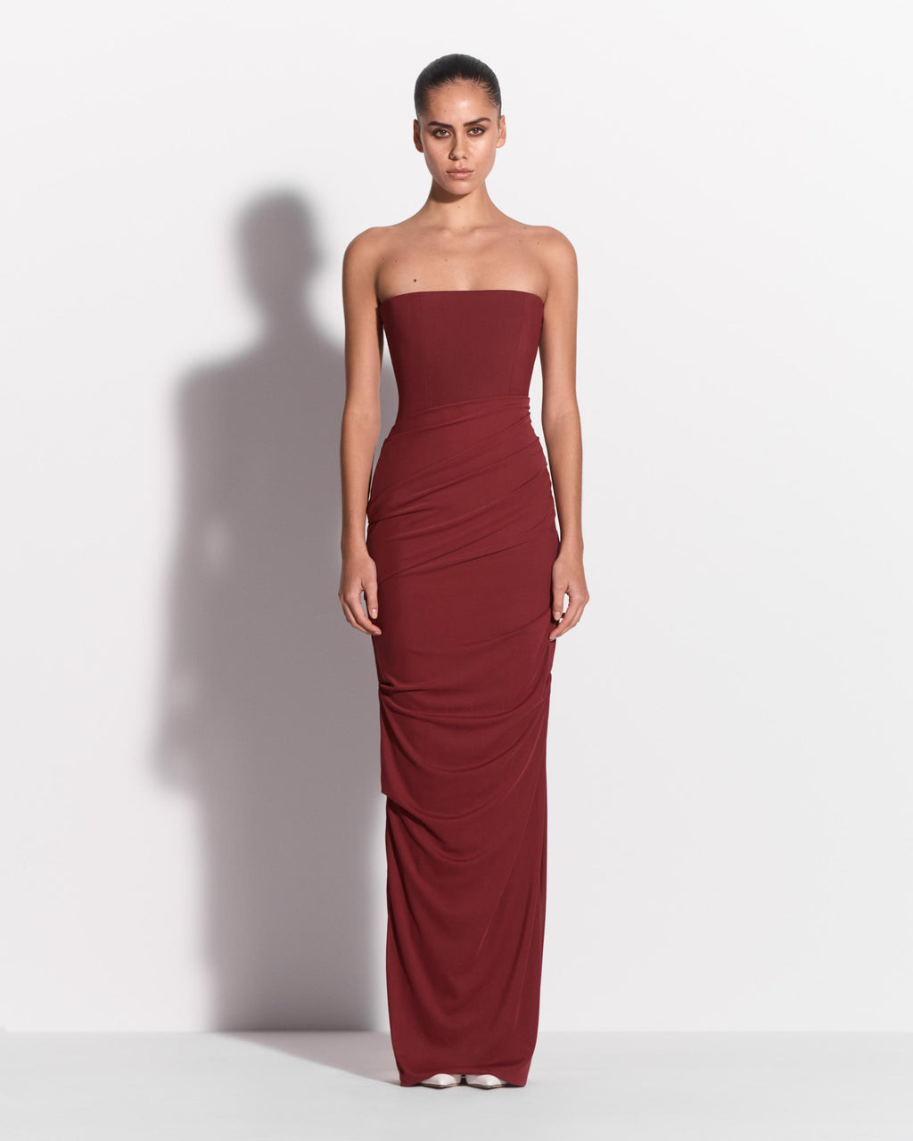 Strapless Tucked Column in Stretch Mesh