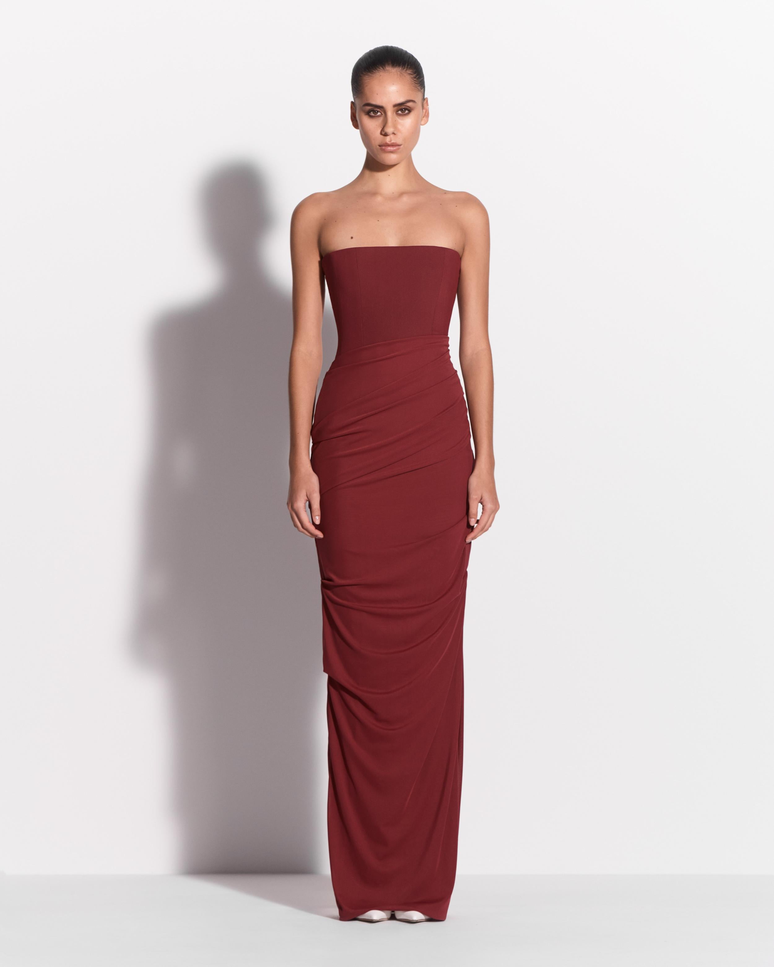Strapless Tucked Column in Stretch Mesh