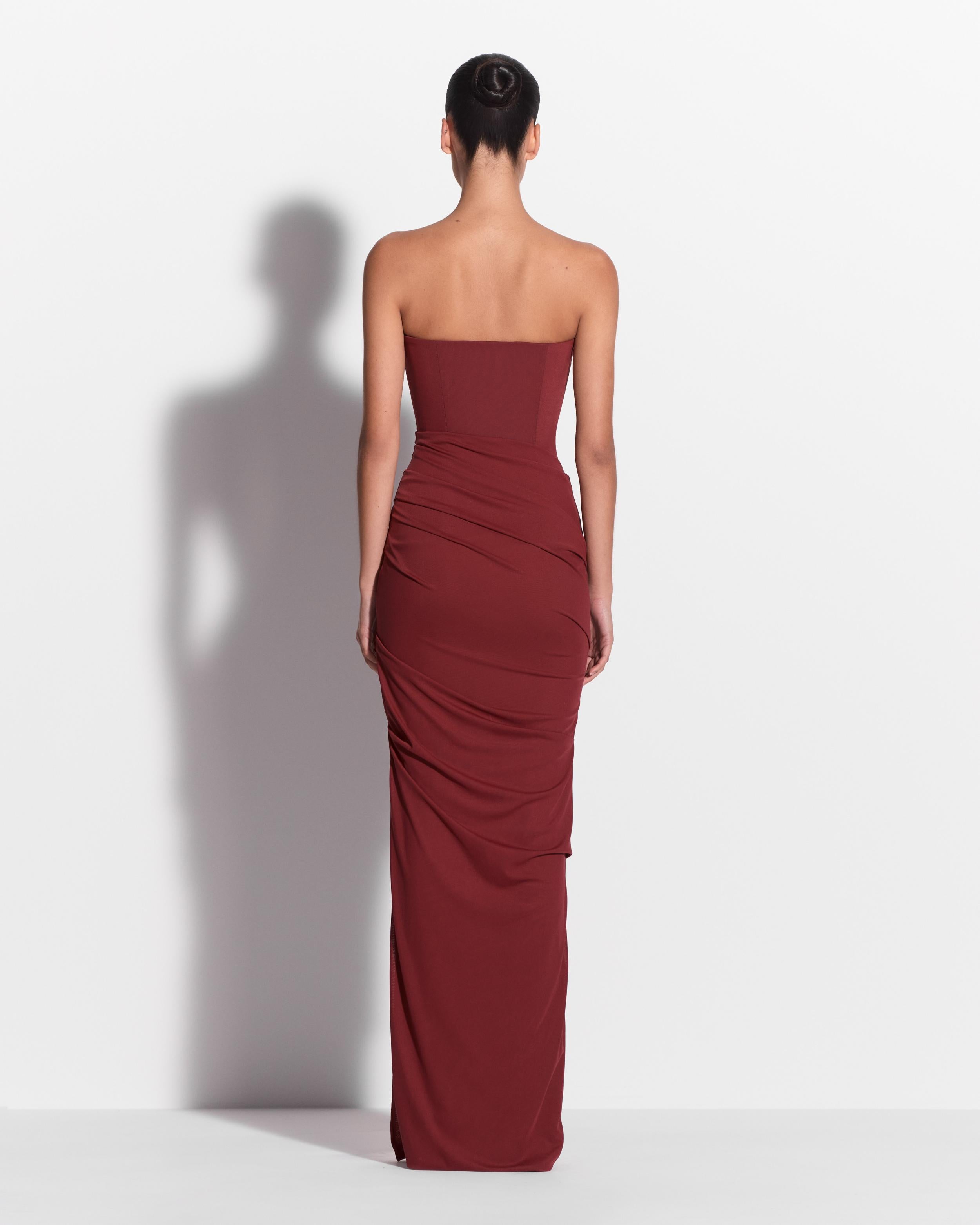 Strapless Tucked Column in Stretch Mesh