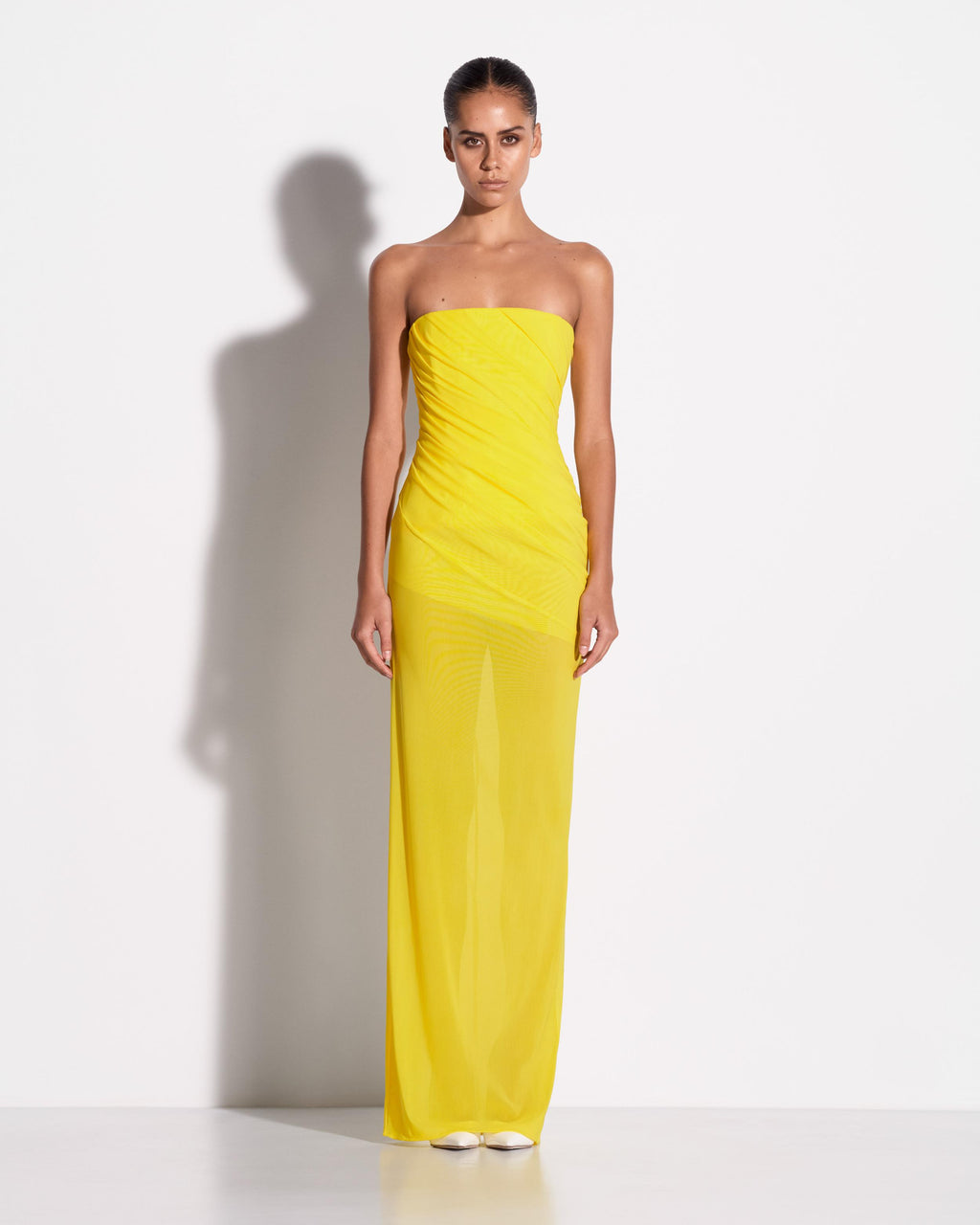 Strapless Tucked Column in Stretch Mesh