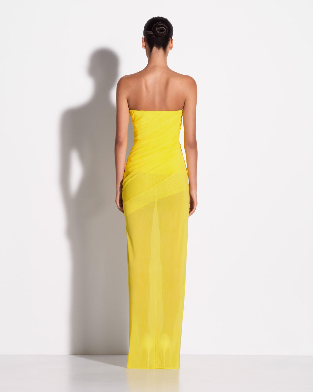 Strapless Tucked Column in Stretch Mesh