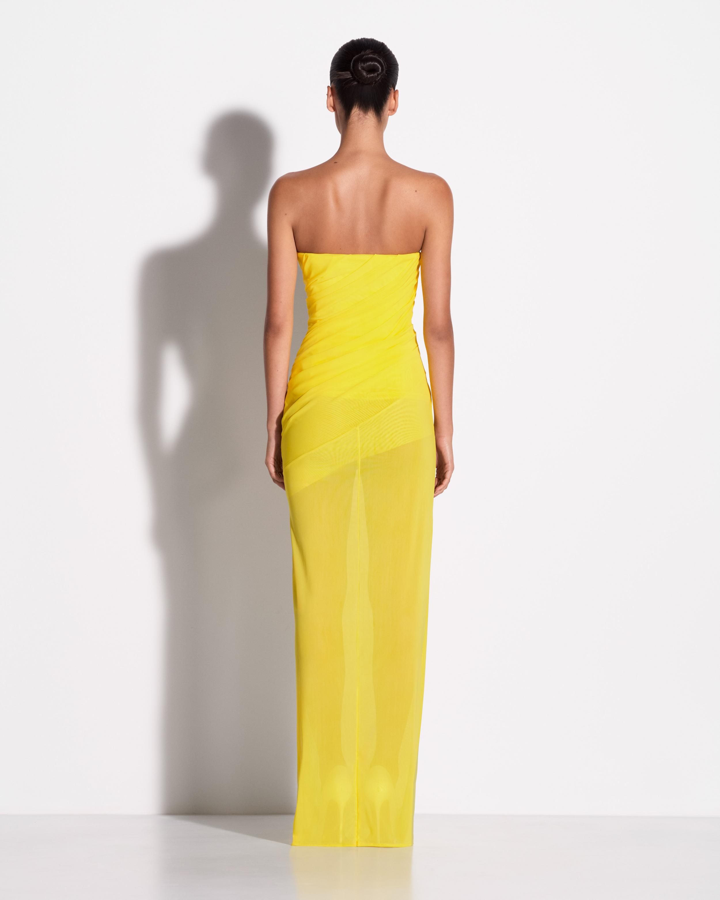 Strapless Tucked Column in Stretch Mesh