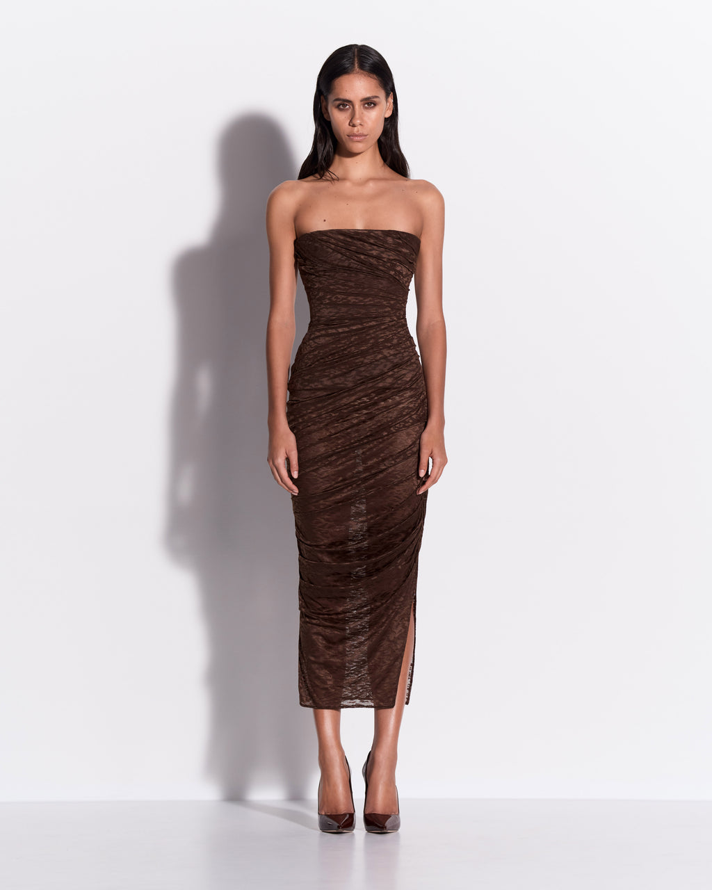 Strapless Tucked Dress in Leopard Lace