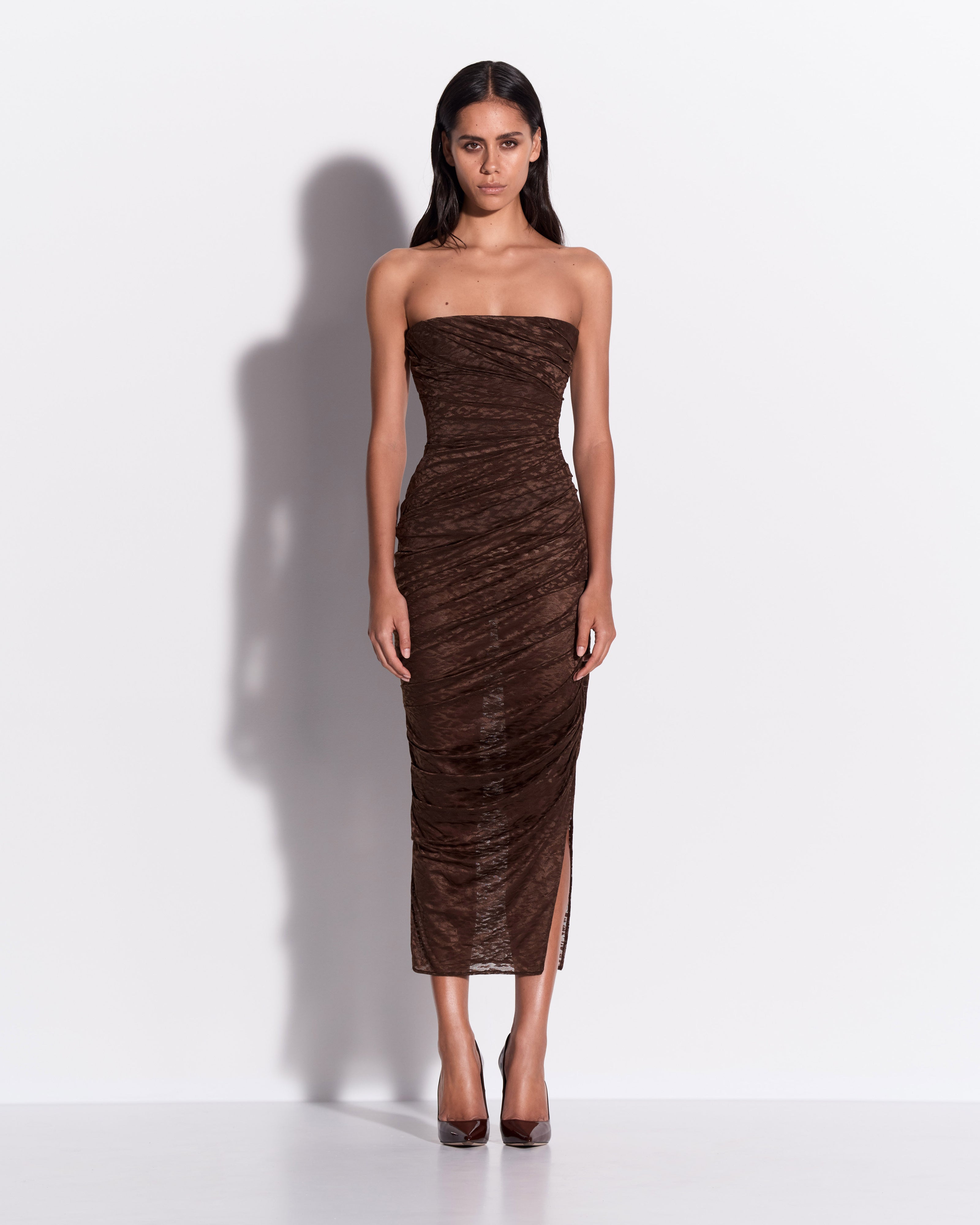 Strapless Tucked Dress in Leopard Lace
