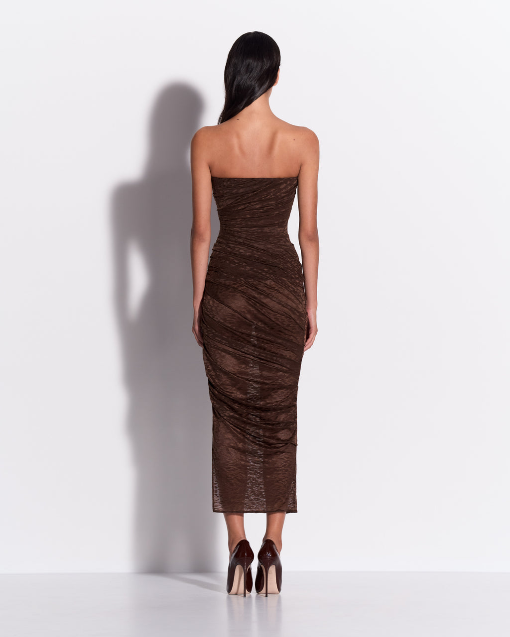 Strapless Tucked Dress in Leopard Lace