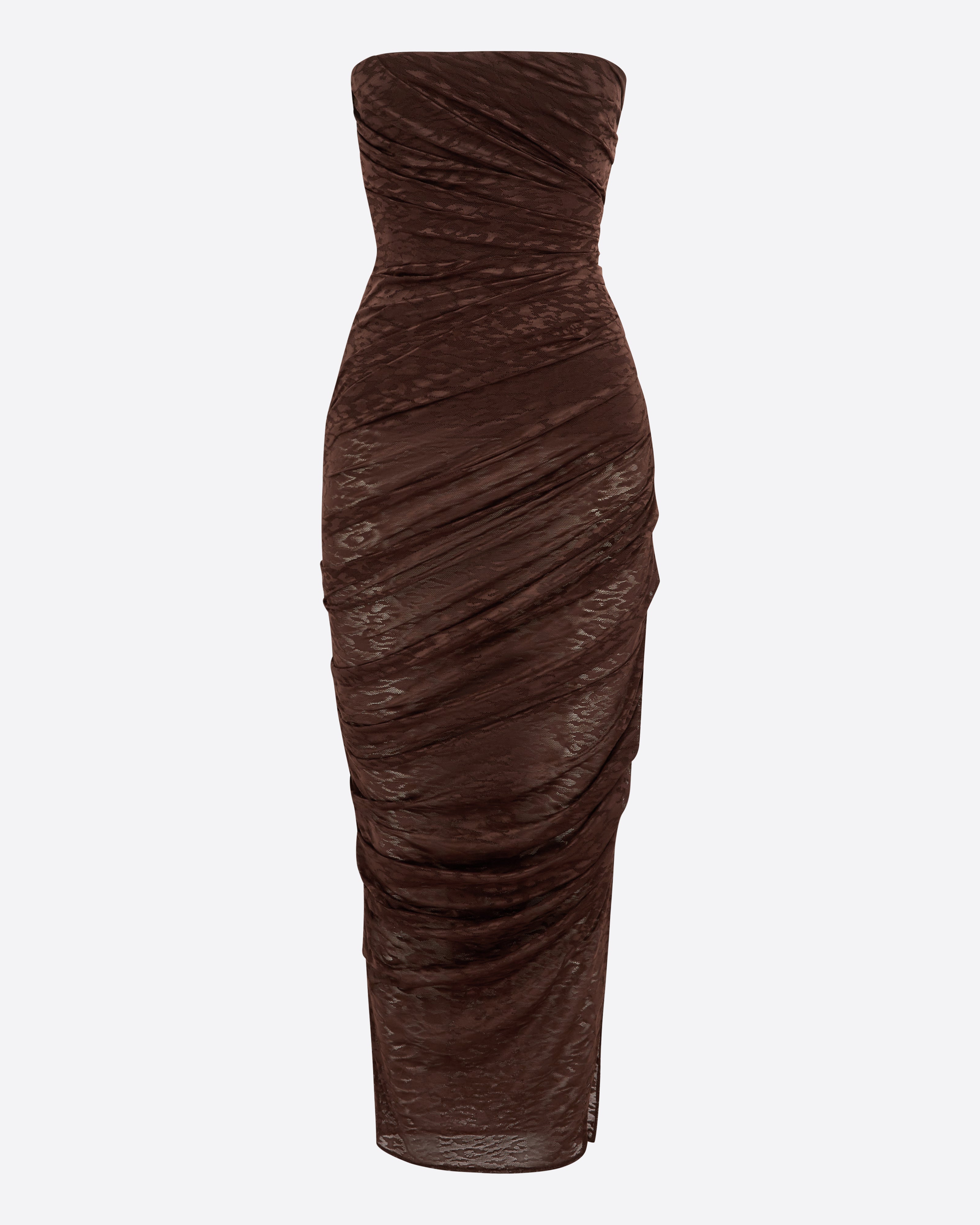 Strapless Tucked Dress in Leopard Lace