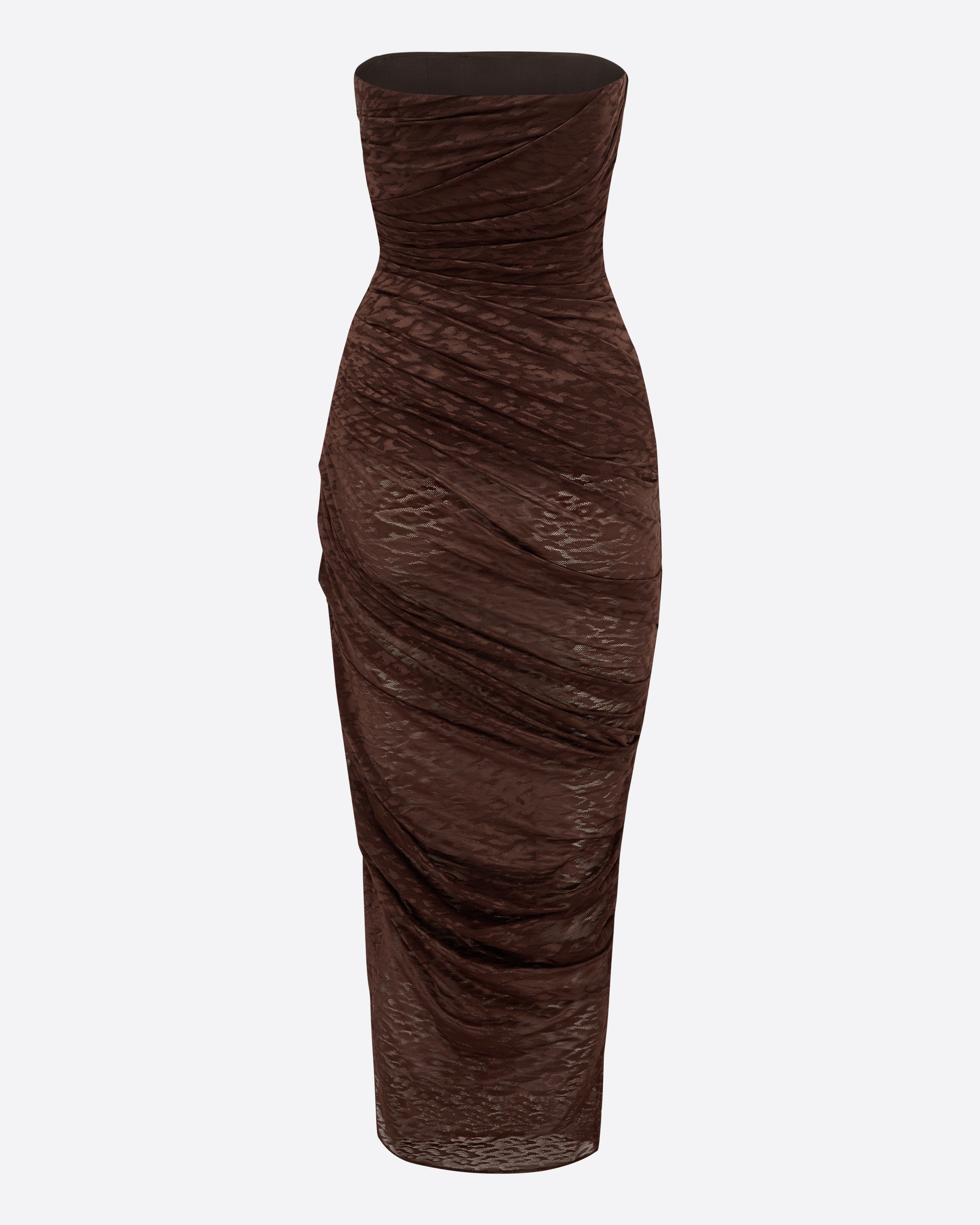 Strapless Tucked Dress in Leopard Lace