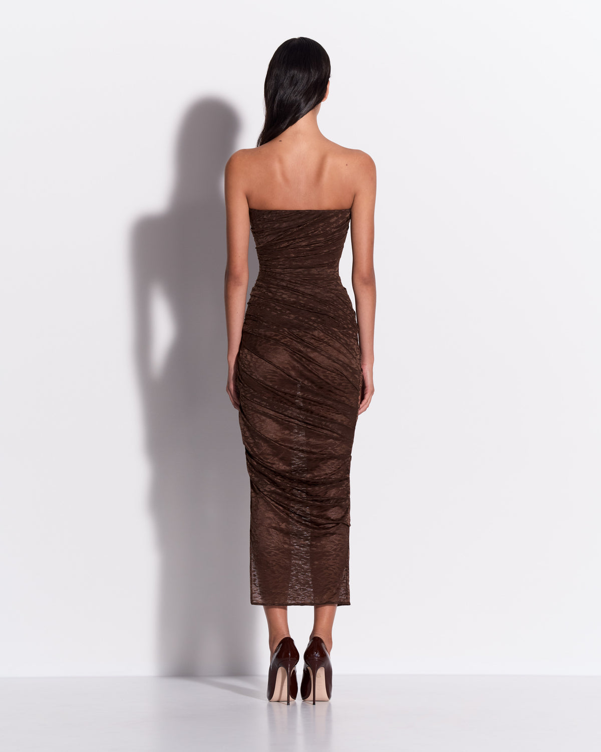 Strapless Tucked Dress in Leopard Lace