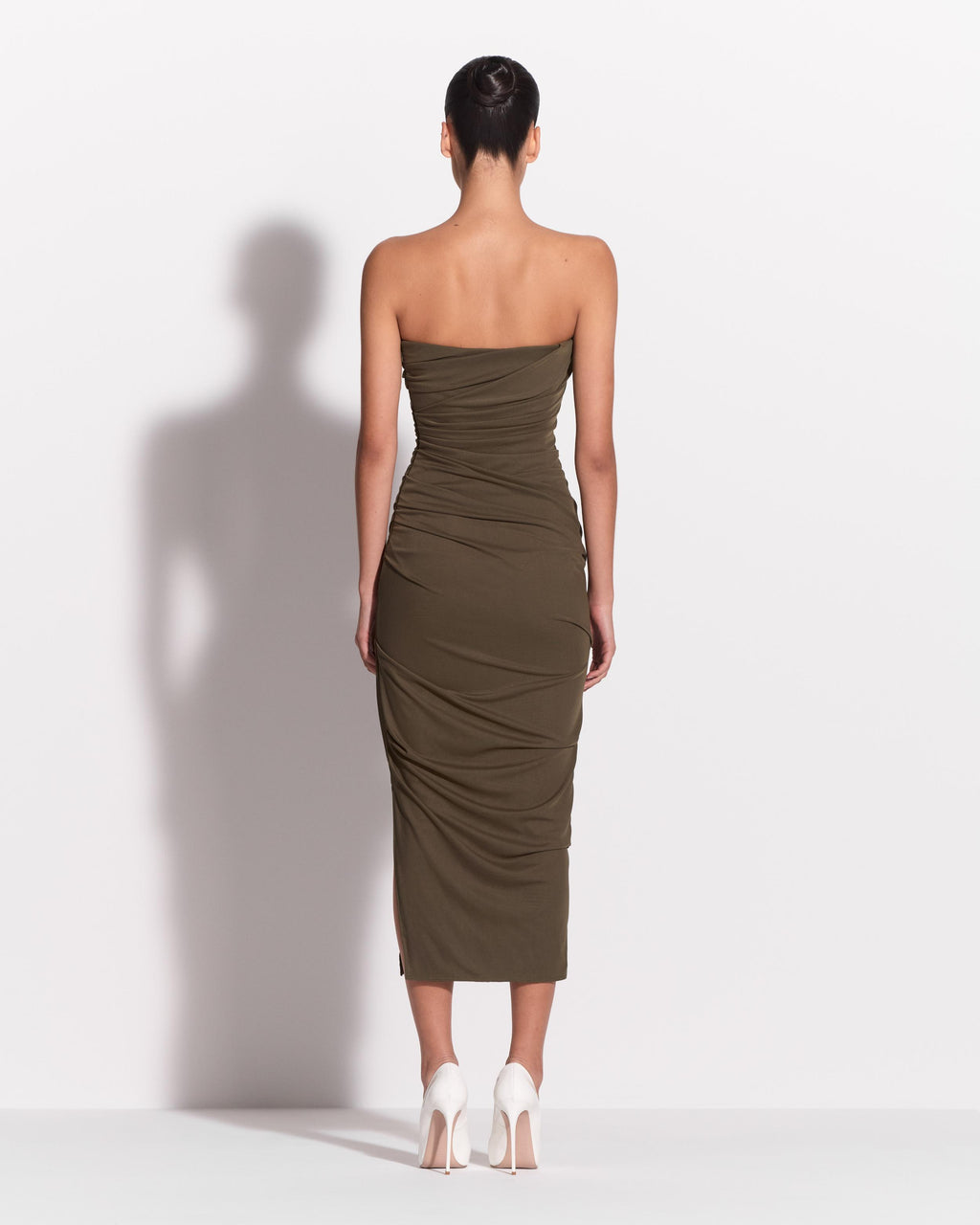 Strapless Tucked Dress in Stretch Mesh