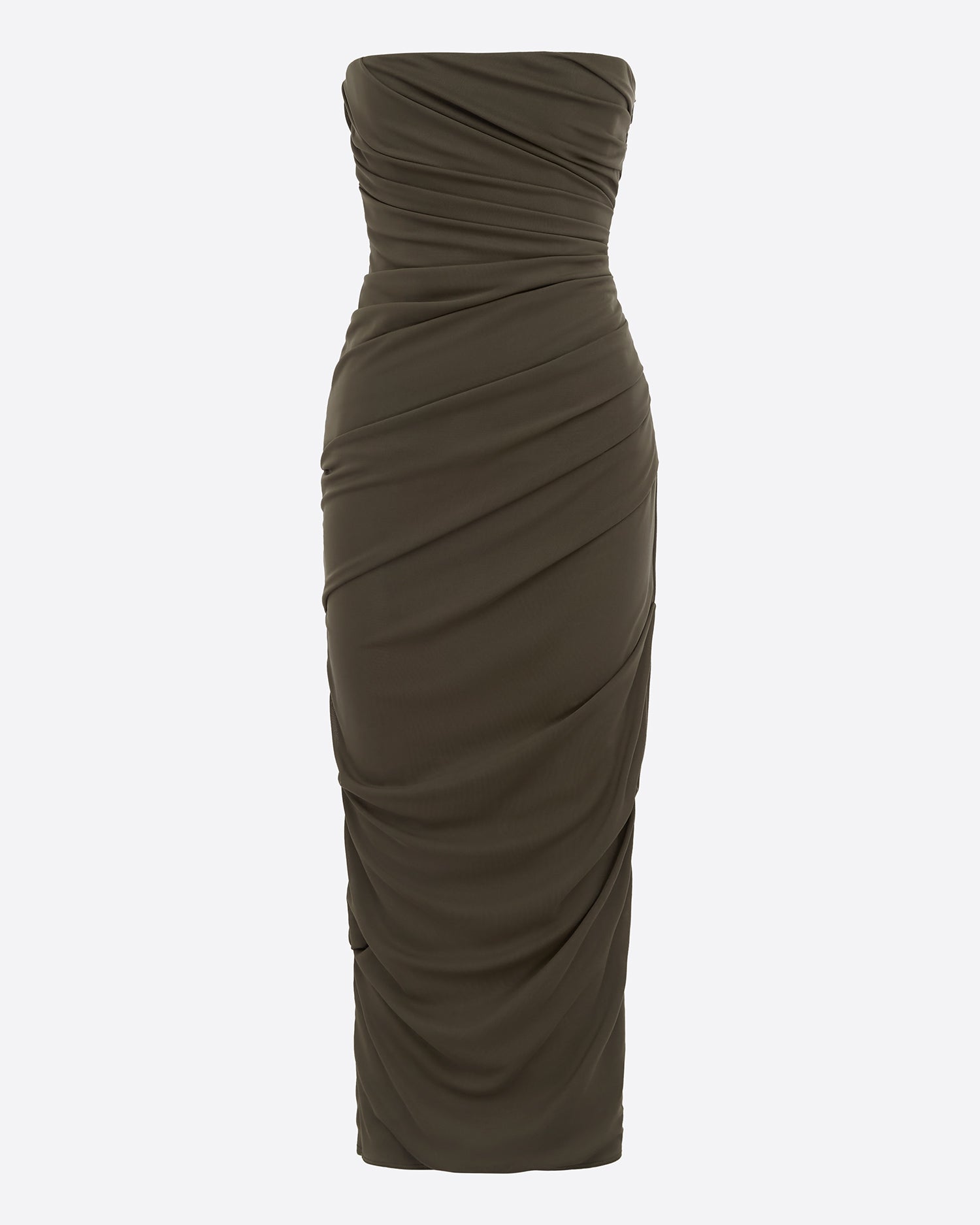 Strapless Tucked Dress in Stretch Mesh