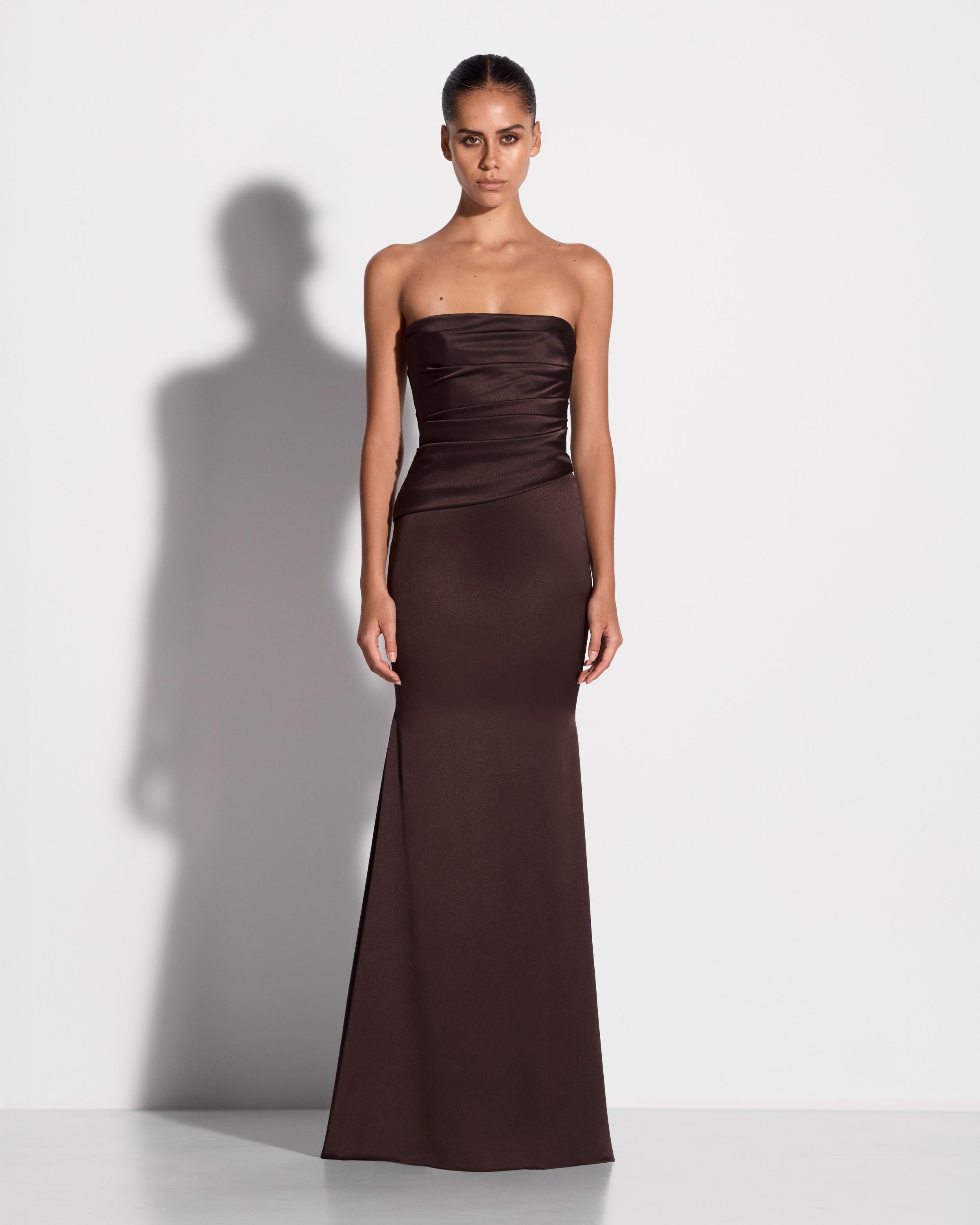 Strapless Tucked Gown in Satin Crepe