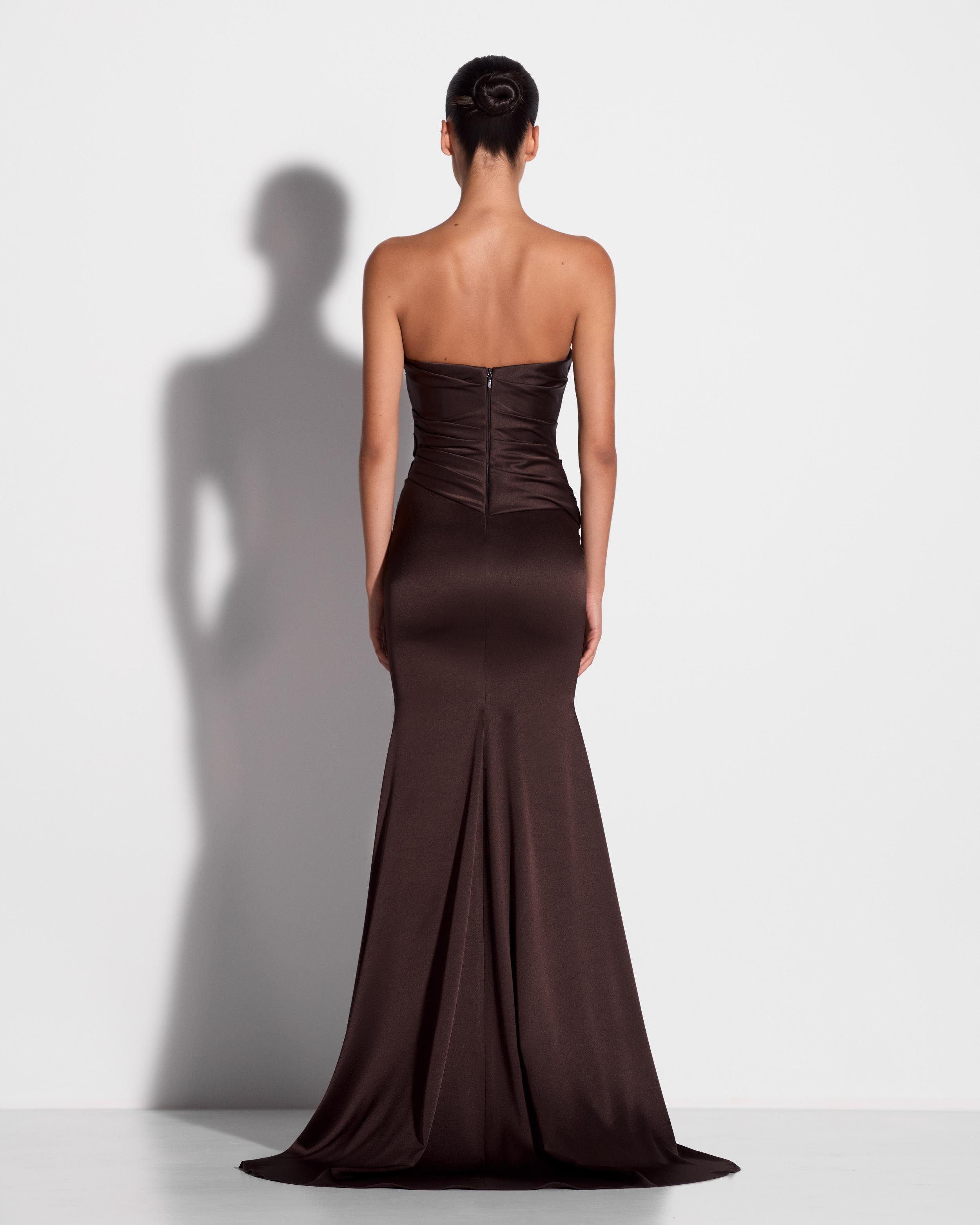 Strapless Tucked Gown in Satin Crepe