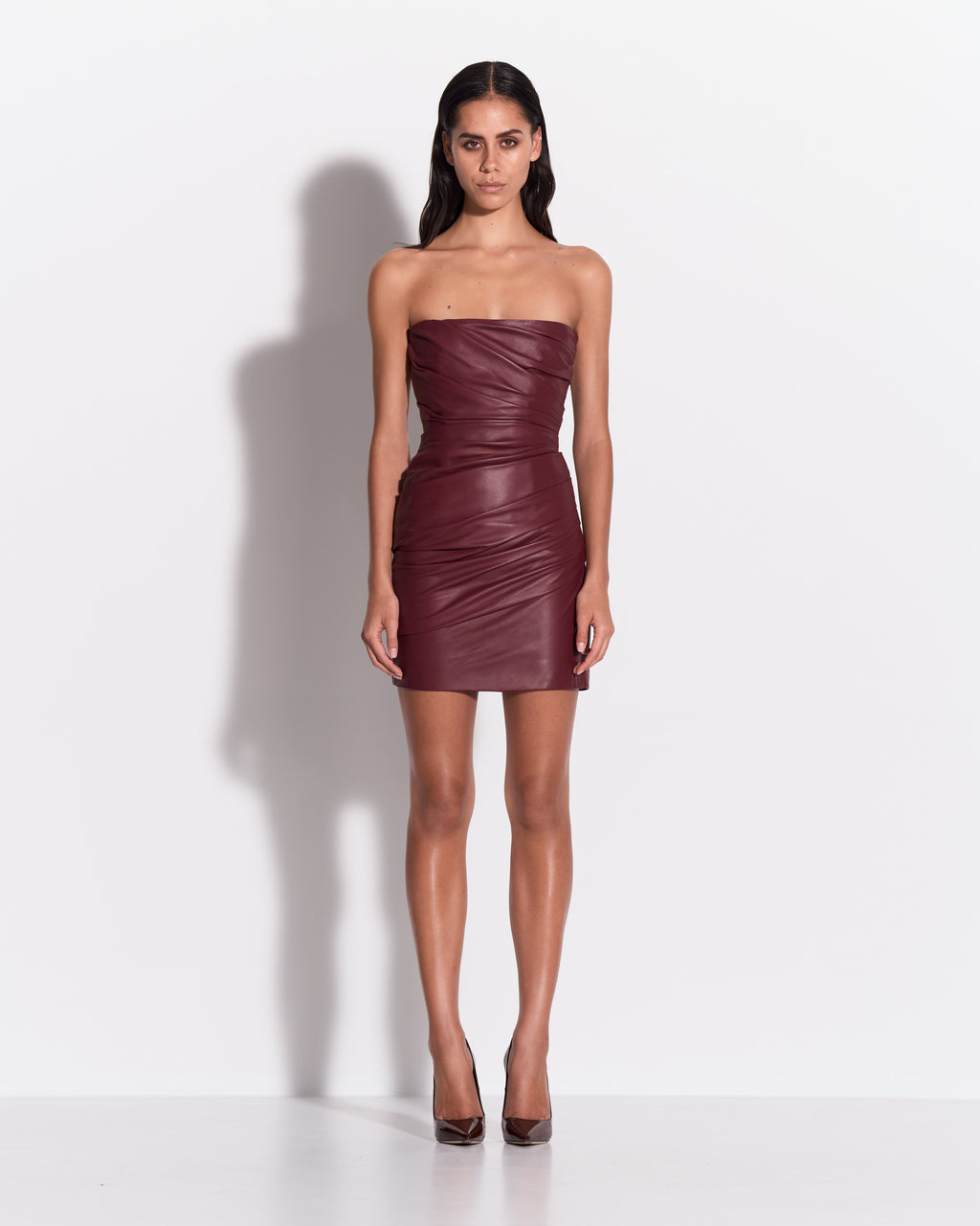 Strapless Tucked Mini Dress in Leather