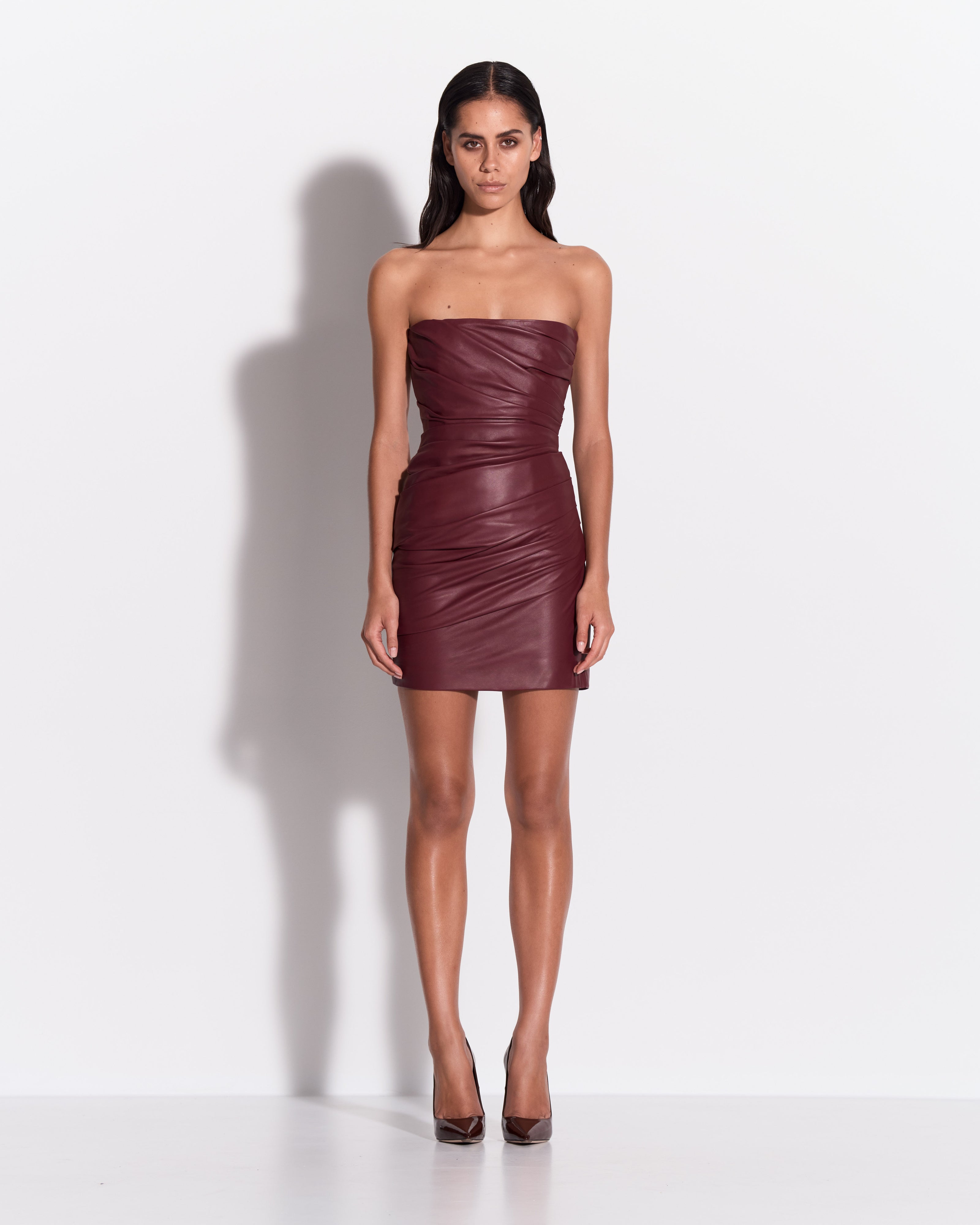 Strapless Tucked Mini Dress in Leather