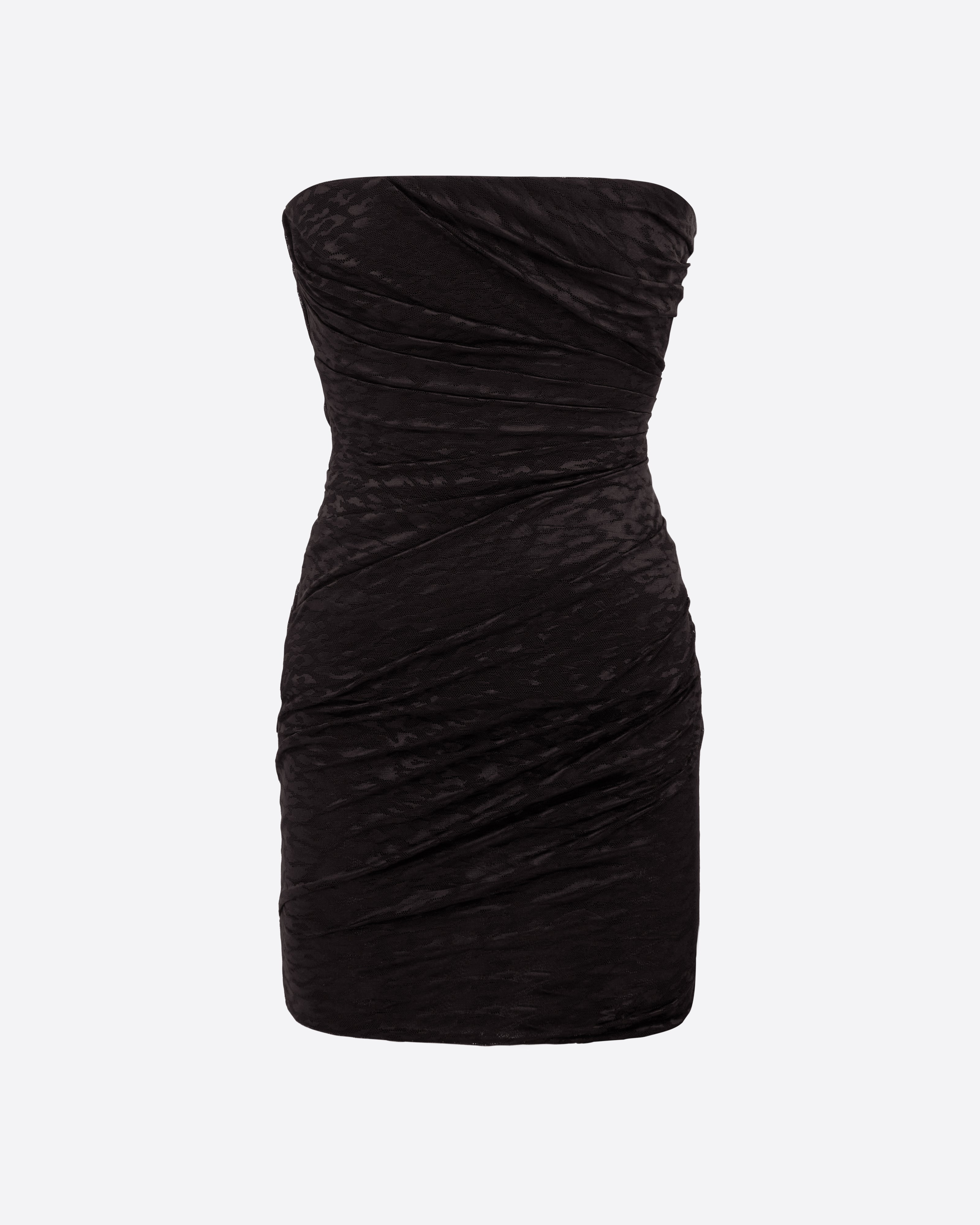 Strapless Tucked Mini Dress in Leopard Lace